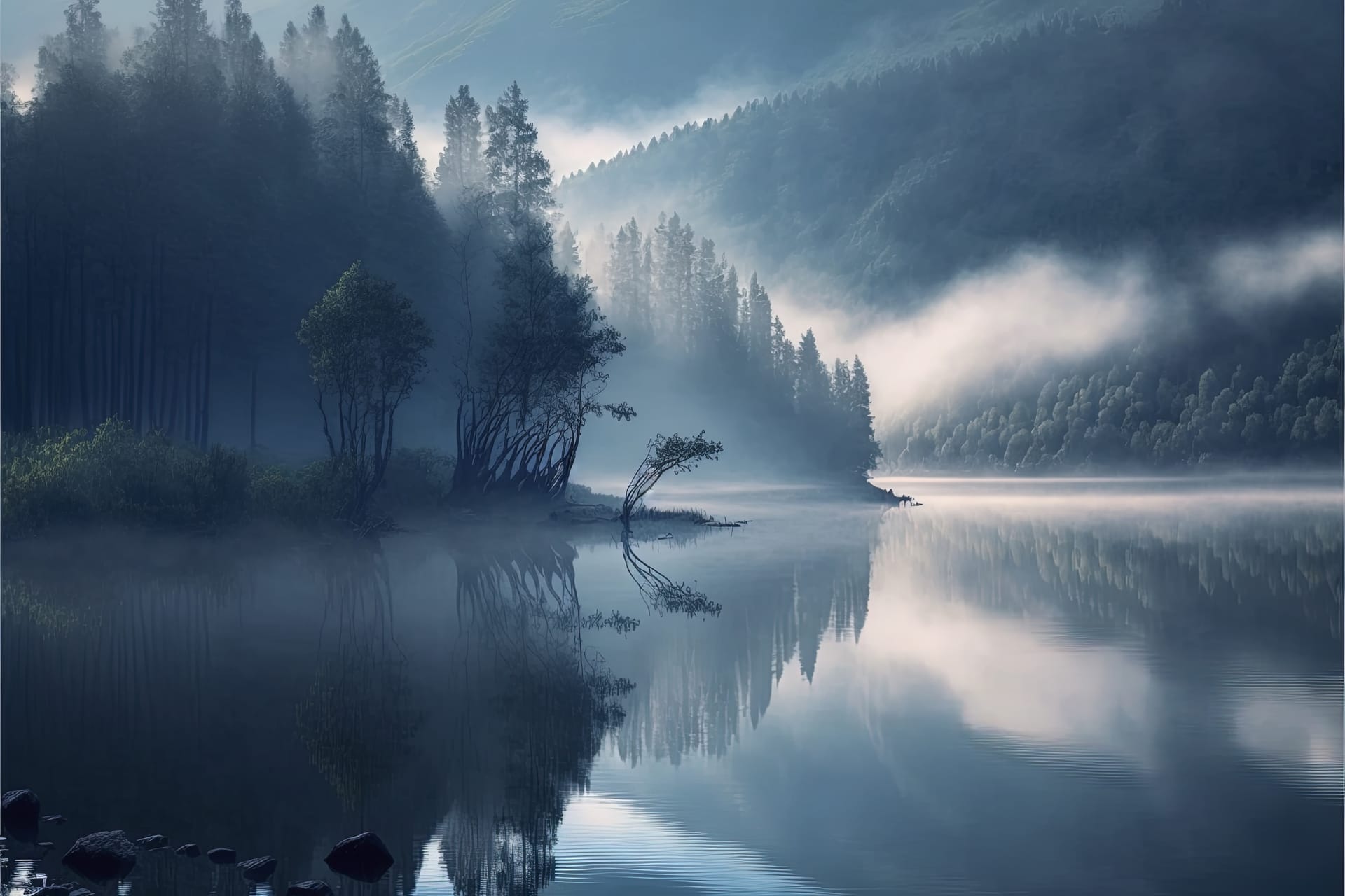 Misty morning mountain lake woods serene scene