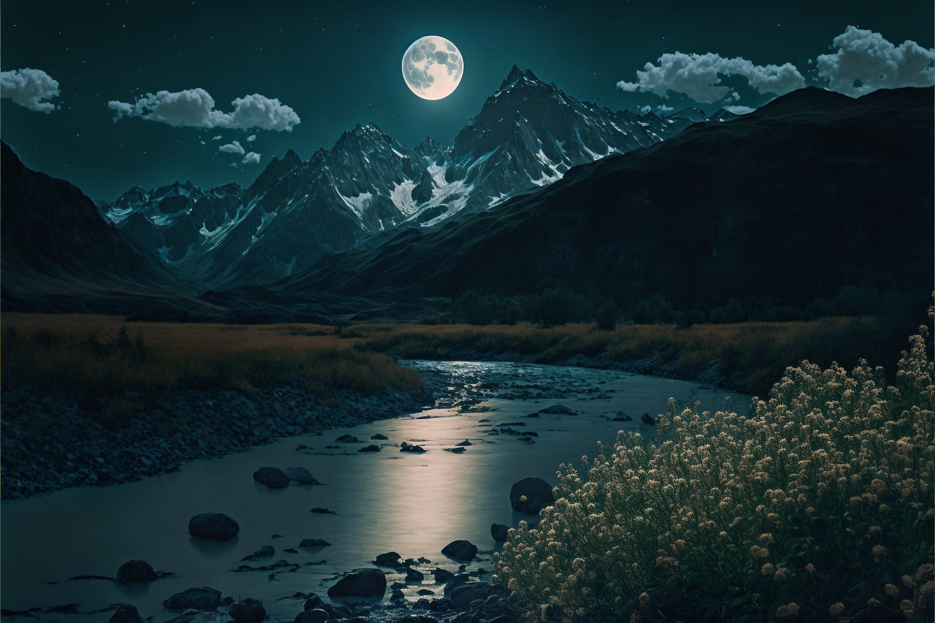 Mountain landscape wondreful moonlight forest river