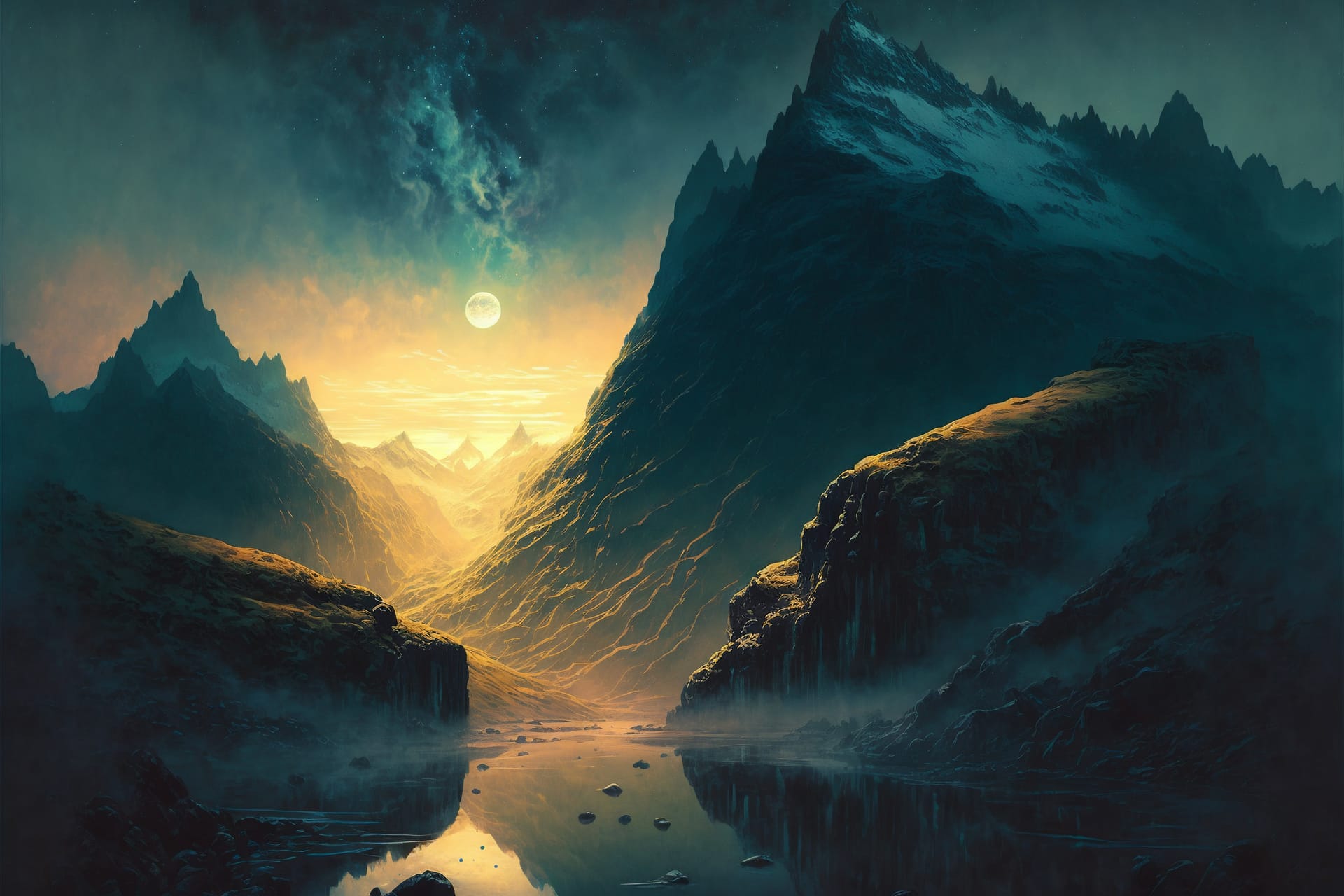 Mountain valley with river beautiful evening creative digital painting illustration