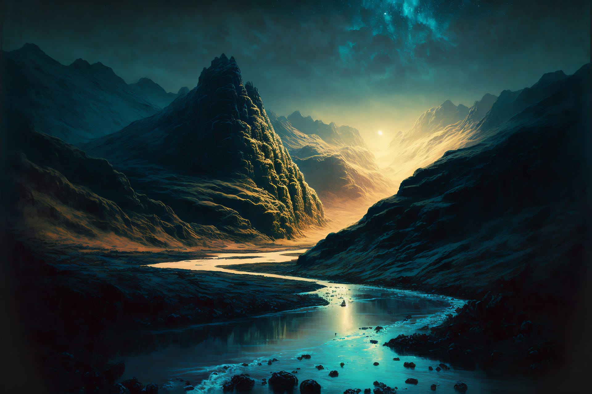 Mountain valley with river beautiful evening digital painting artwork