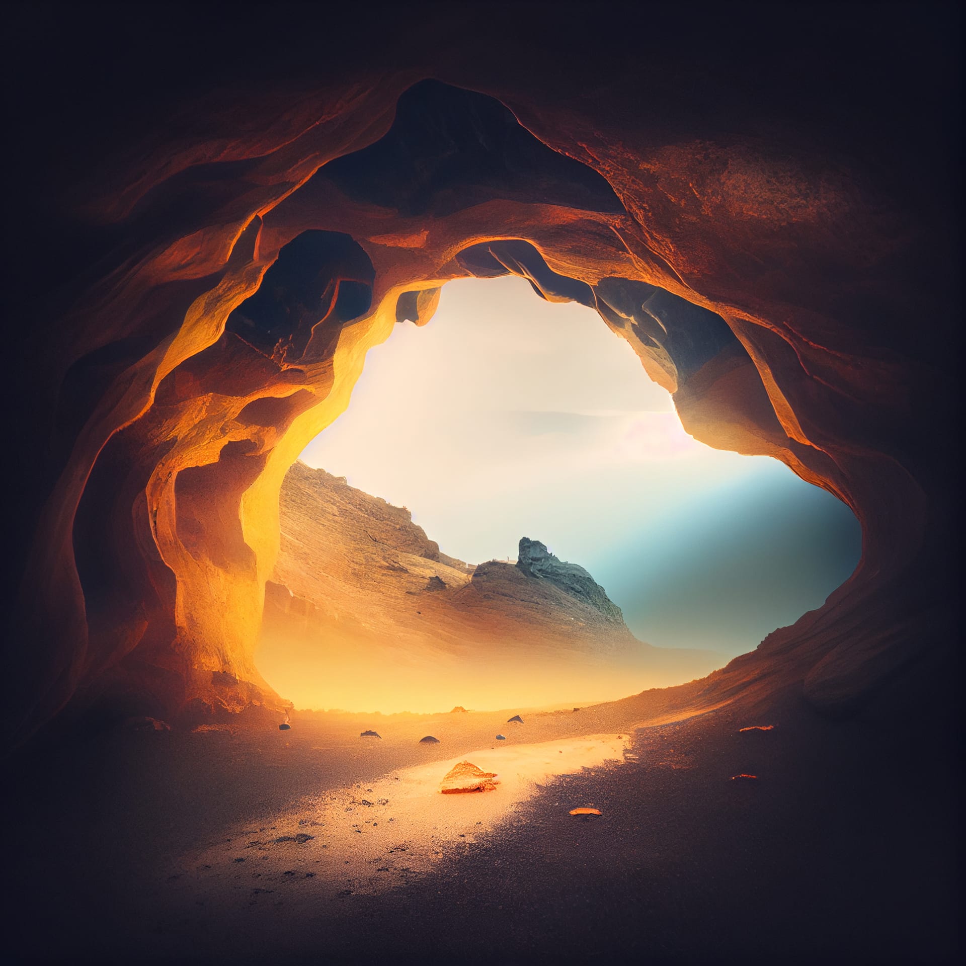 Mysterious dark cave landscape sunset sunrise image