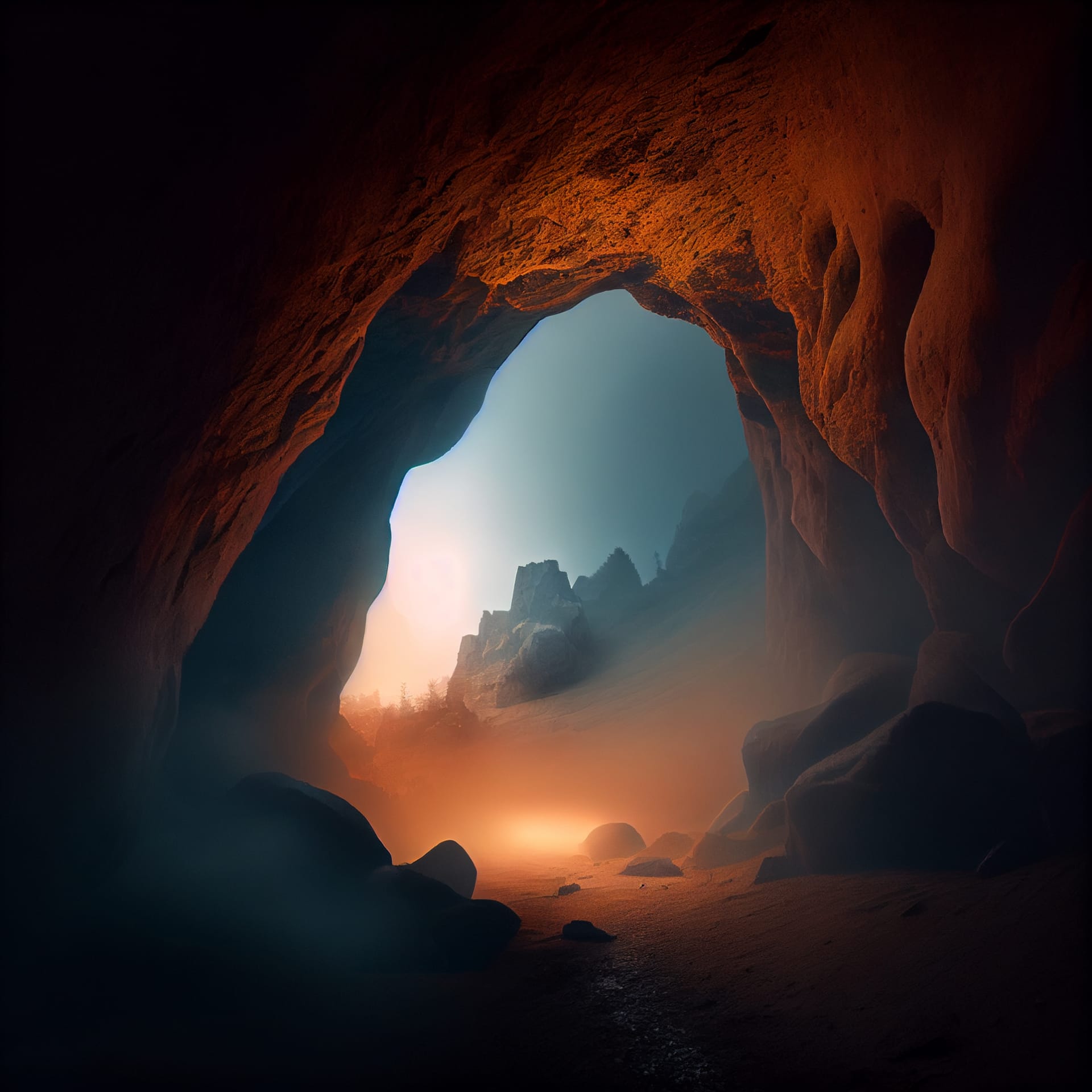 Mysterious dark cave landscape sunset sunrise picture