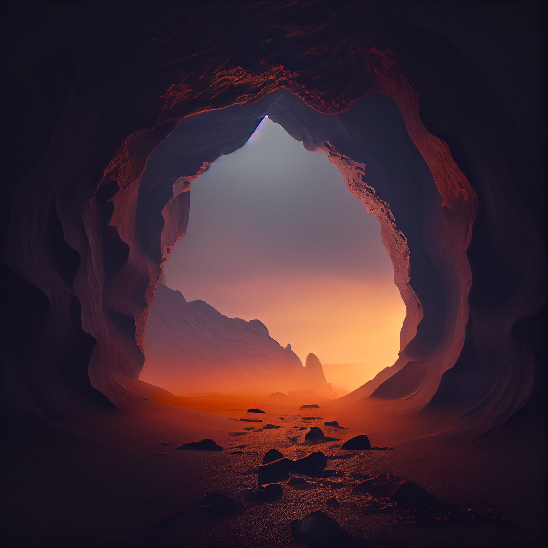 Mysterious dark cave landscape sunset sunrise