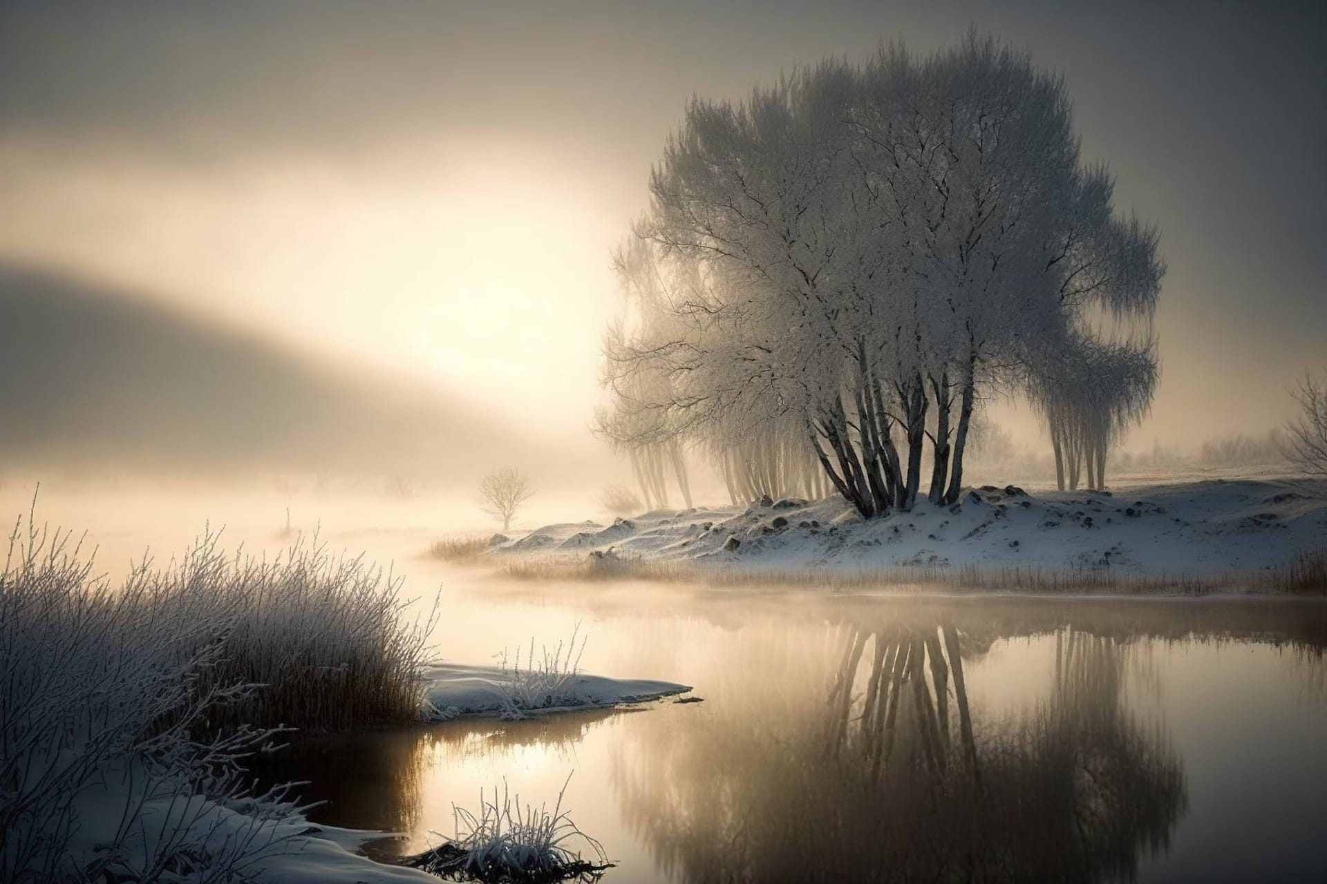 Winter foggy landscape with lonely tree river moody atmospheric image