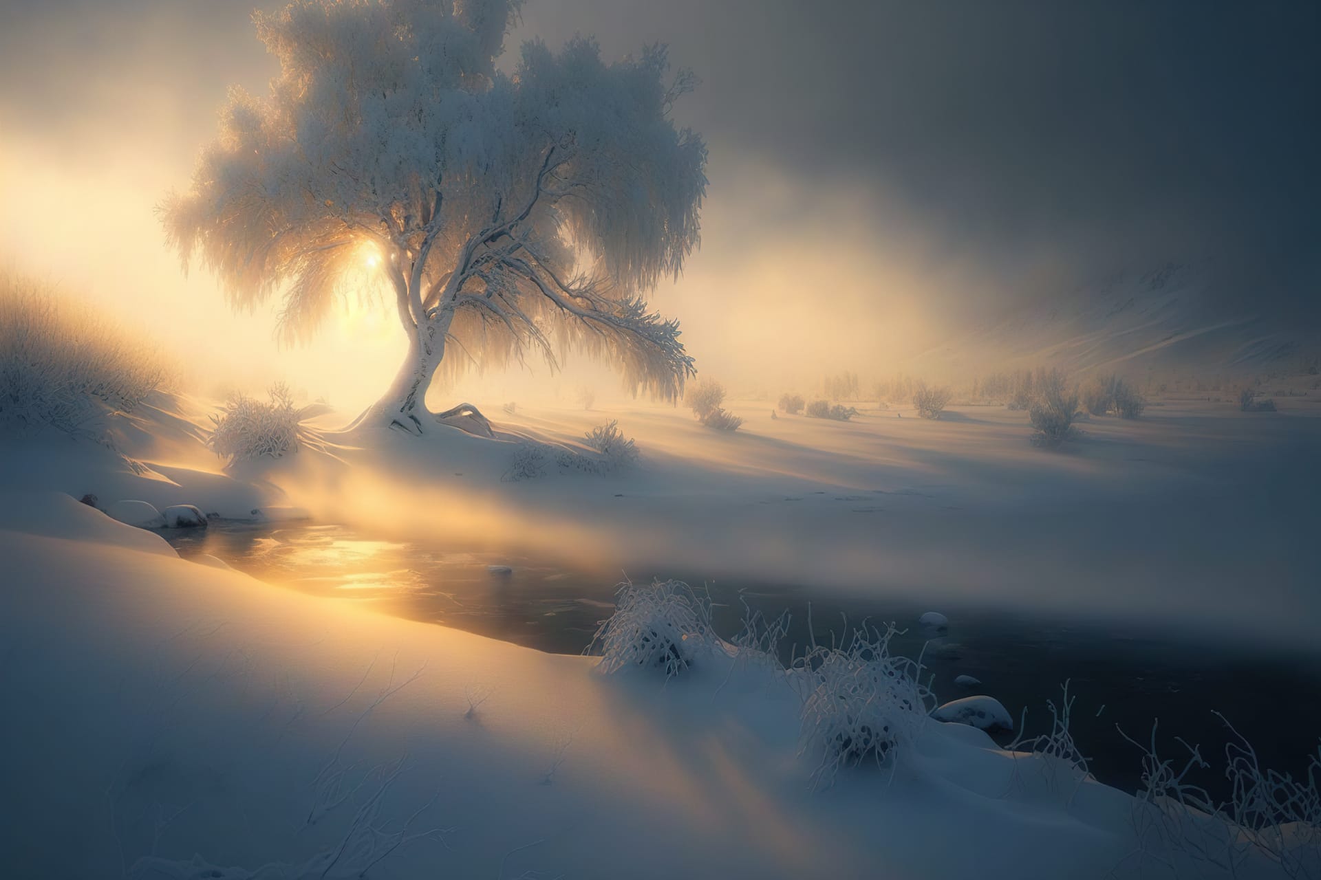 Winter foggy landscape with lonely tree river moody atmospheric picture