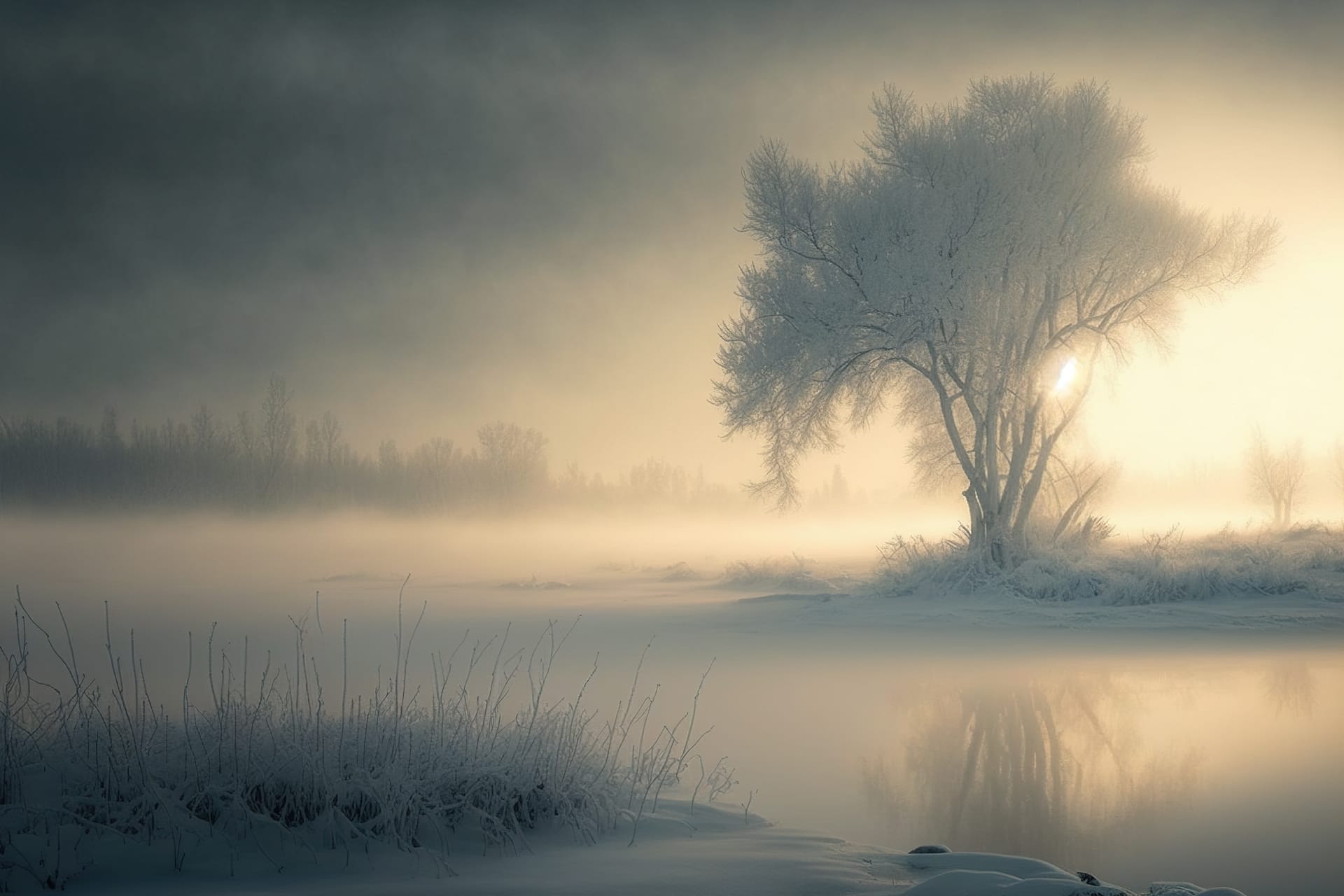 Winter foggy landscape with lonely tree river moody atmospheric