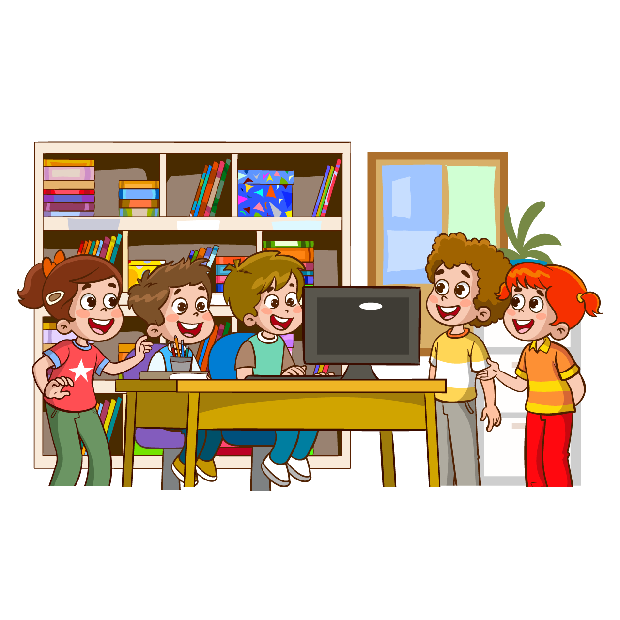 Children studying with computer on the table cartoon clipart