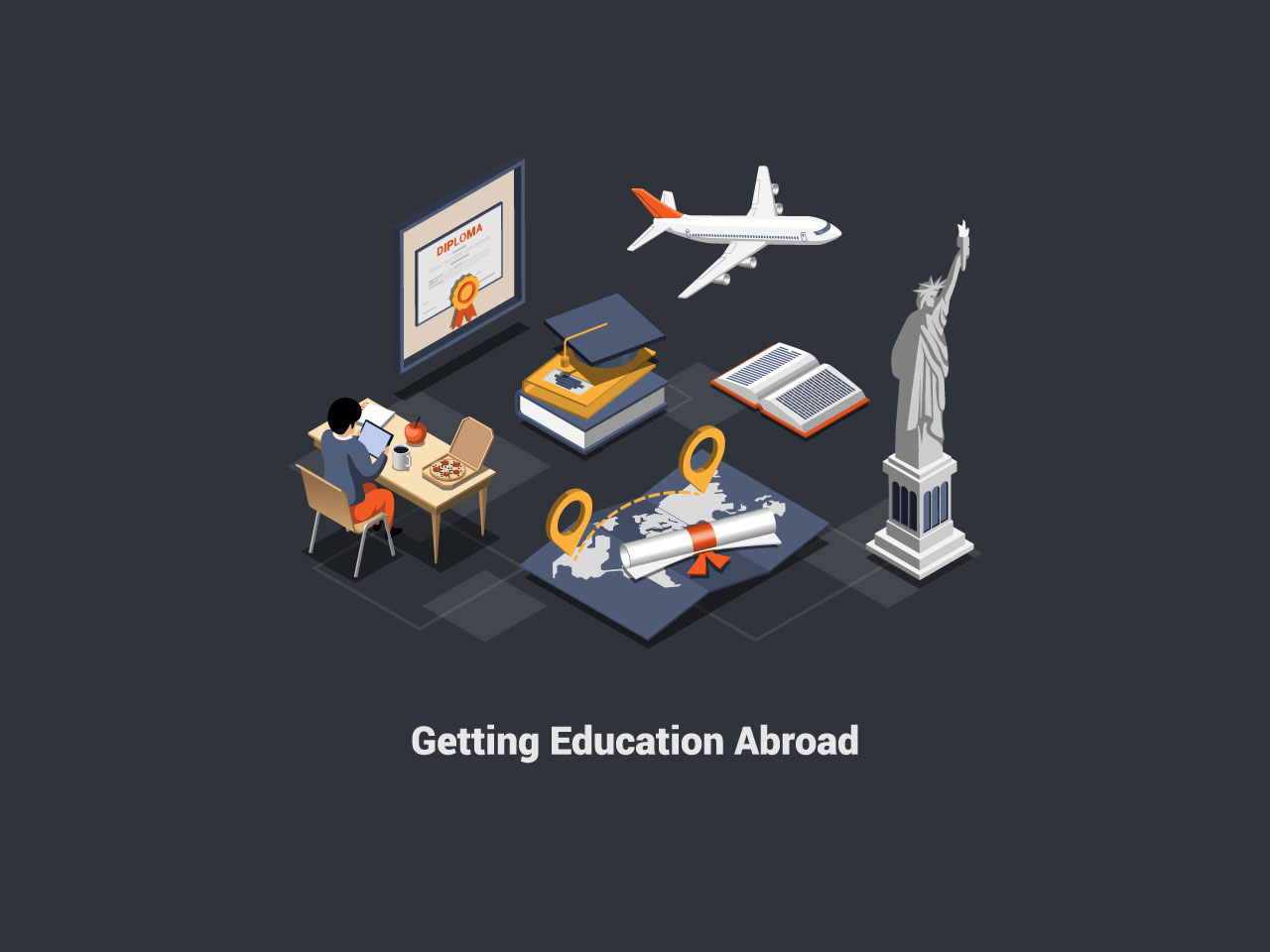 Education abroad work travel program concept exchange student take course online sitting desk with tablet hands internet education course degree isometric 3d illustration