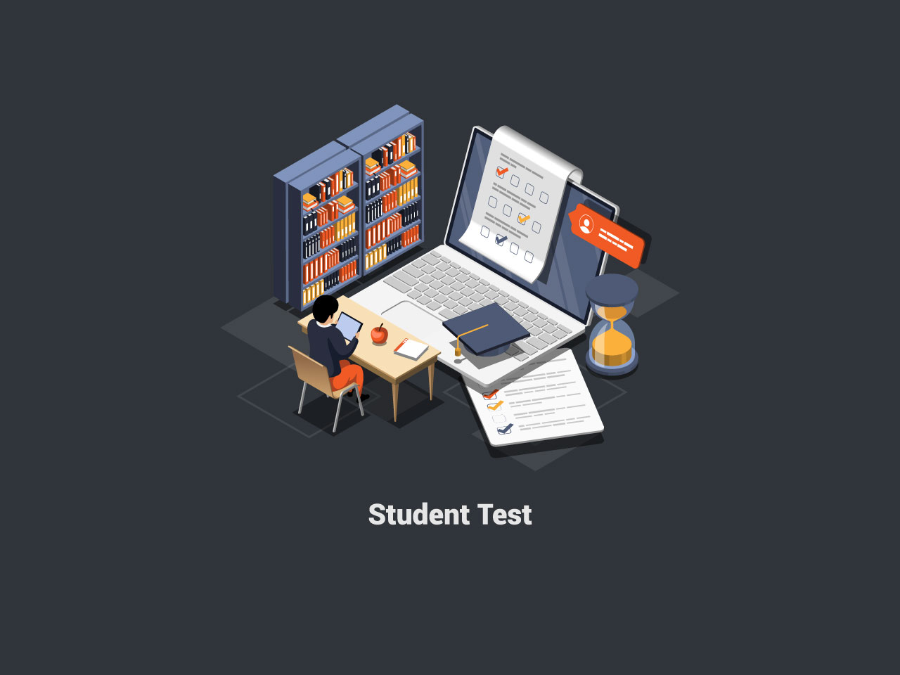 Education studying student test concept young happy cheerful boy pupil has test exam classroom questionnaire form online education survey internet quiz isometric 3d illustration