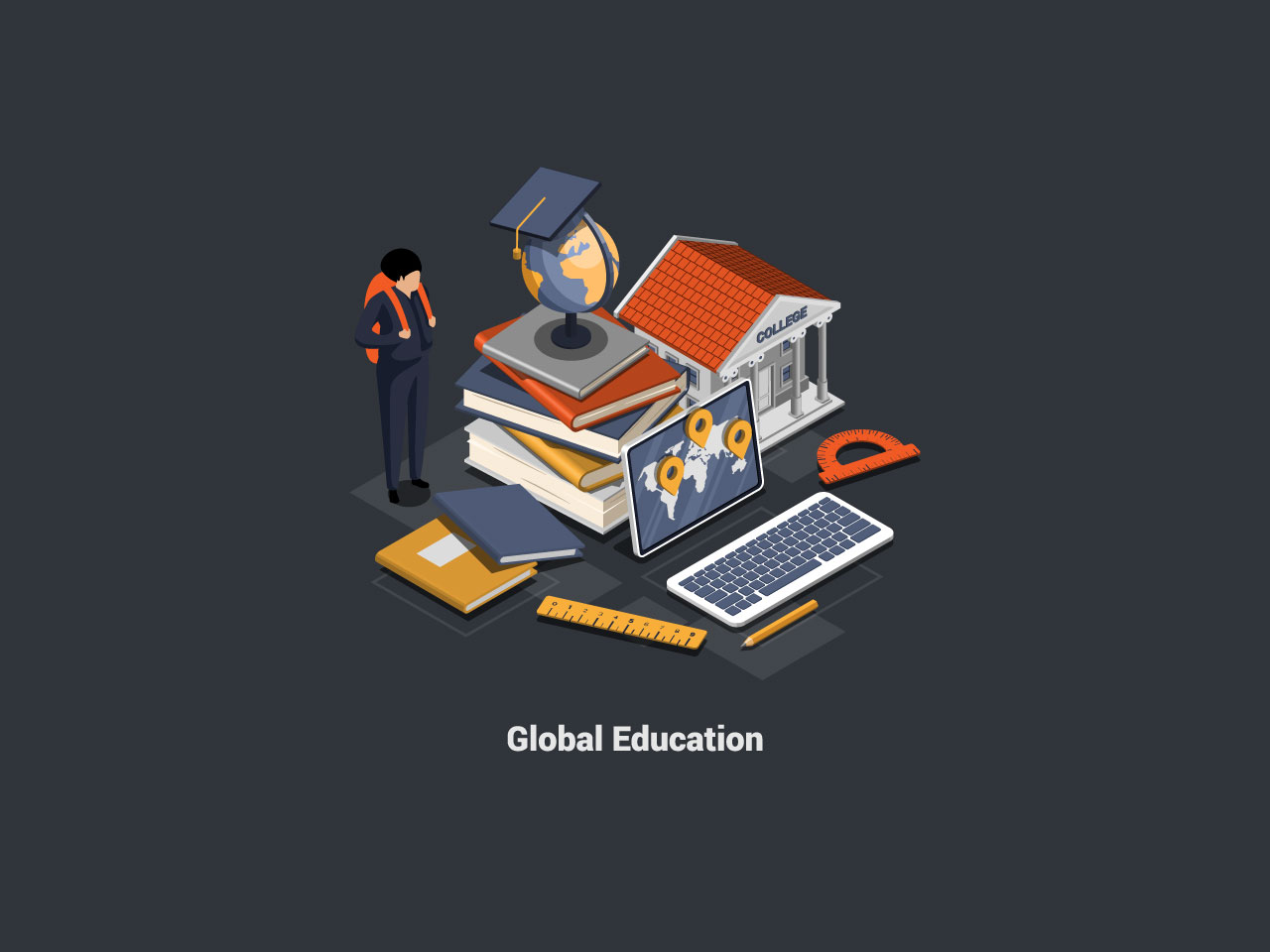 Elearning distance graduate certificate program boy student with backpack near stack books globe computer college building internet education course degree isometric 3d illustration