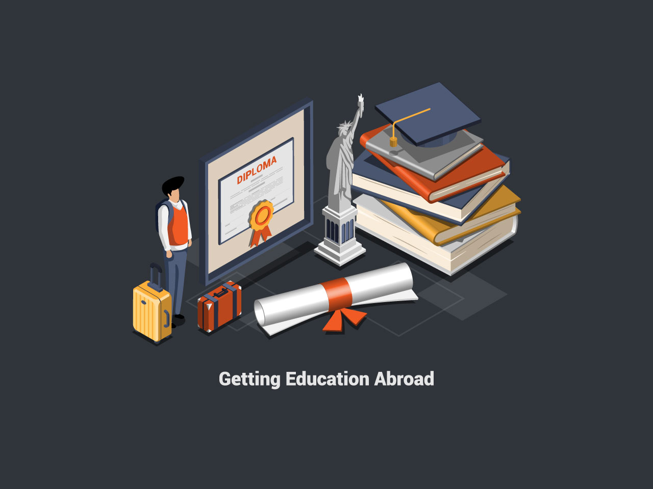 Elearning education abroad program boy student with luggage near huge diploma frame going language tour learning languages exchange student program cartoon isometric 3d illustration