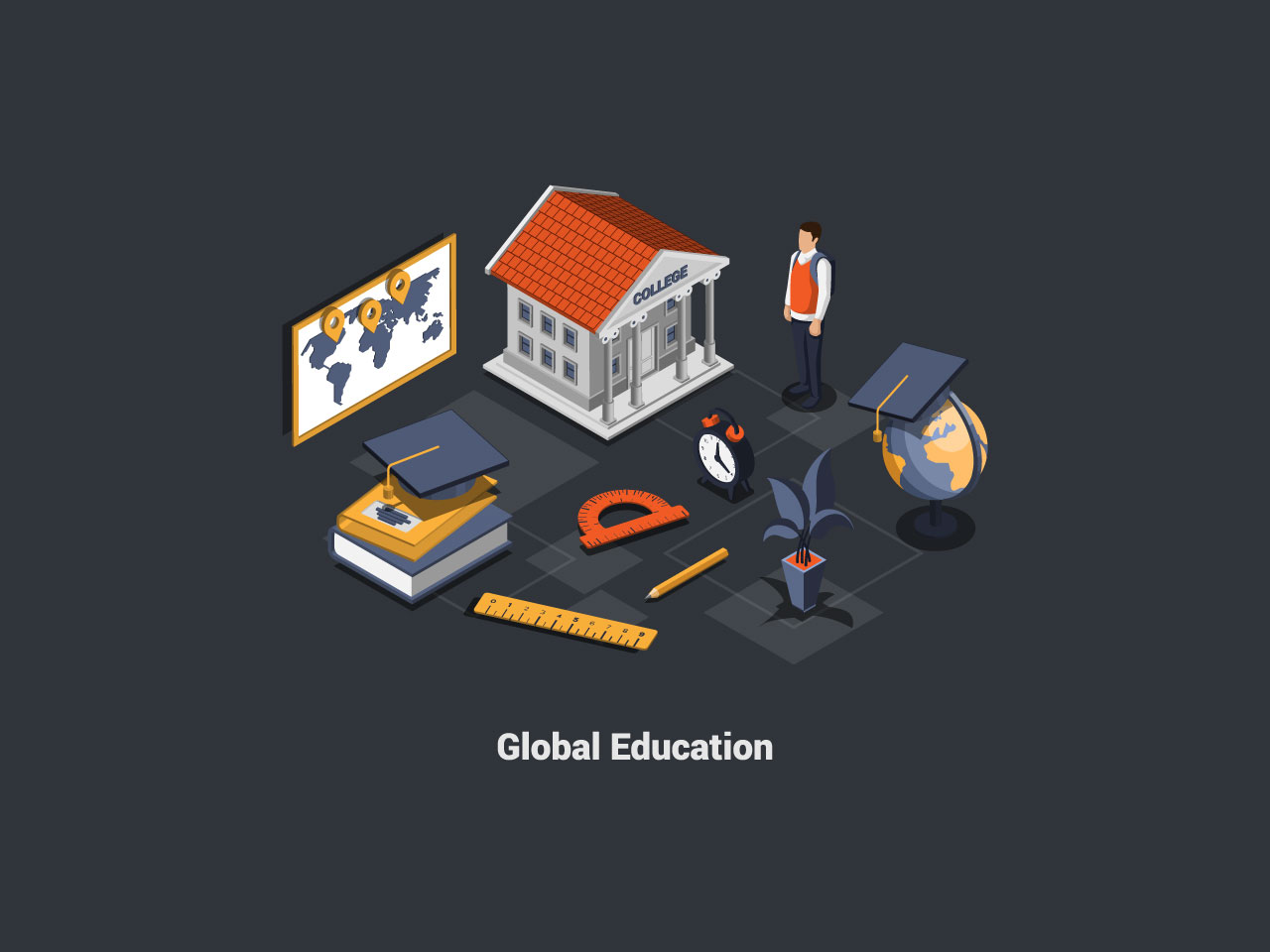 Global education program concept boy student with backpack near stack books alarm clock globe world map college building internet education course degree isometric 3d illustration