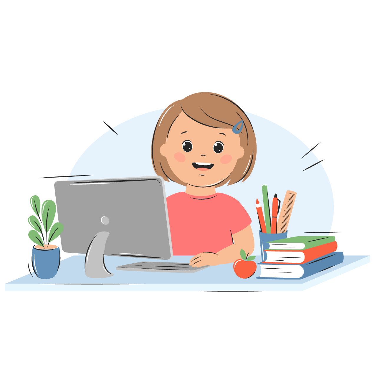 Happy little girl studies with computer books online education home school concept cartoon clipart