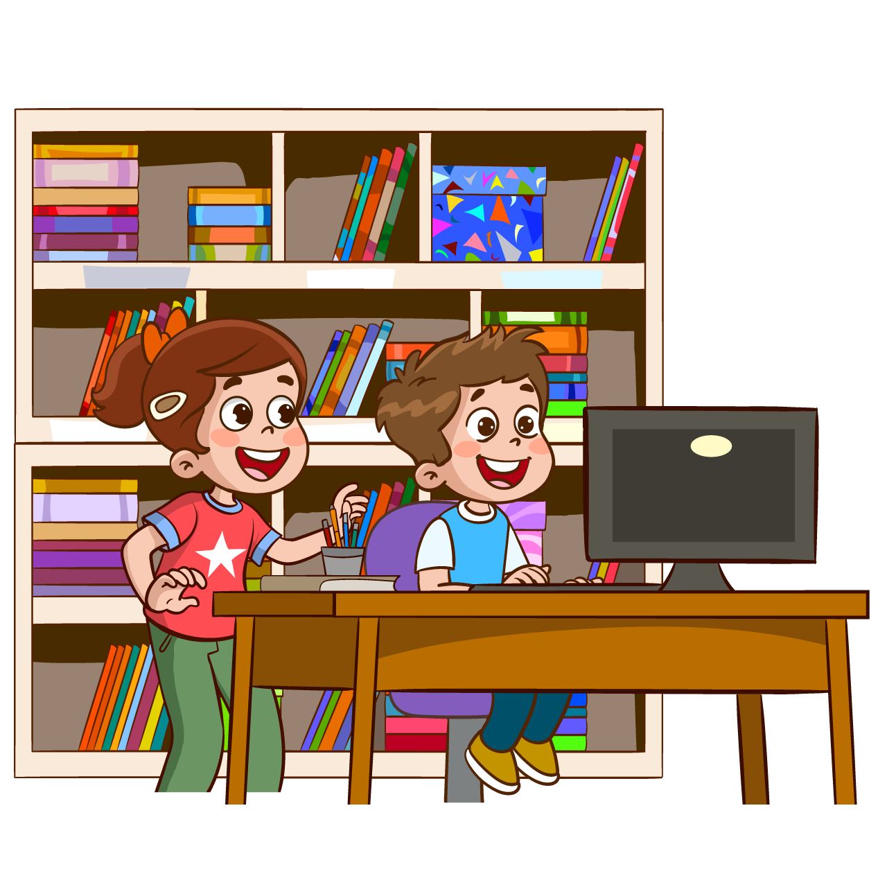 Online class cartoon clipart children studying computer table