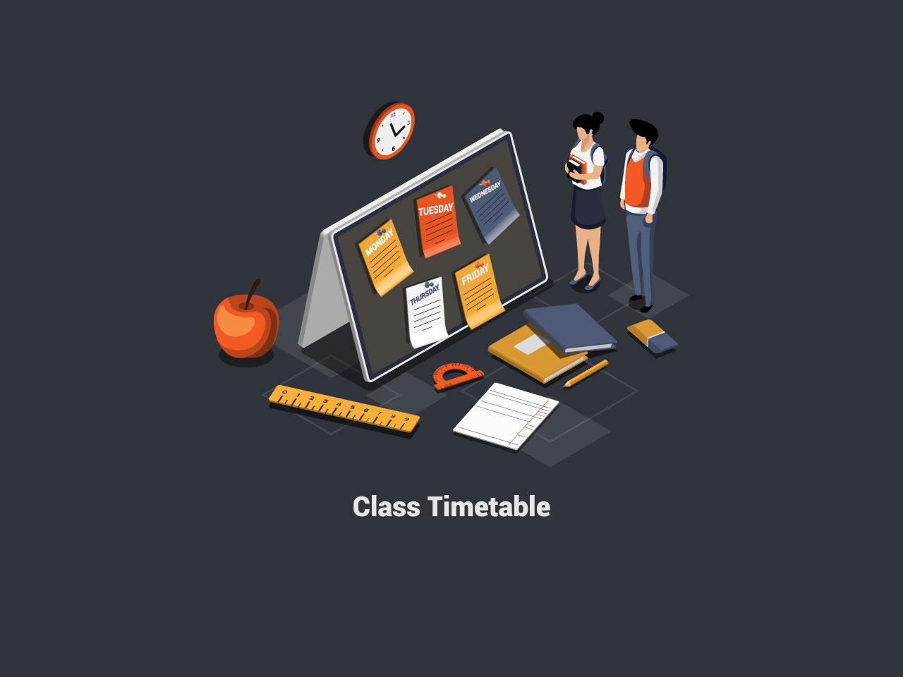 Online class clipart class timetable education digital calendar online learning male female characters near huge ruler sticker calendar with timetable studying isometric 3d illustration