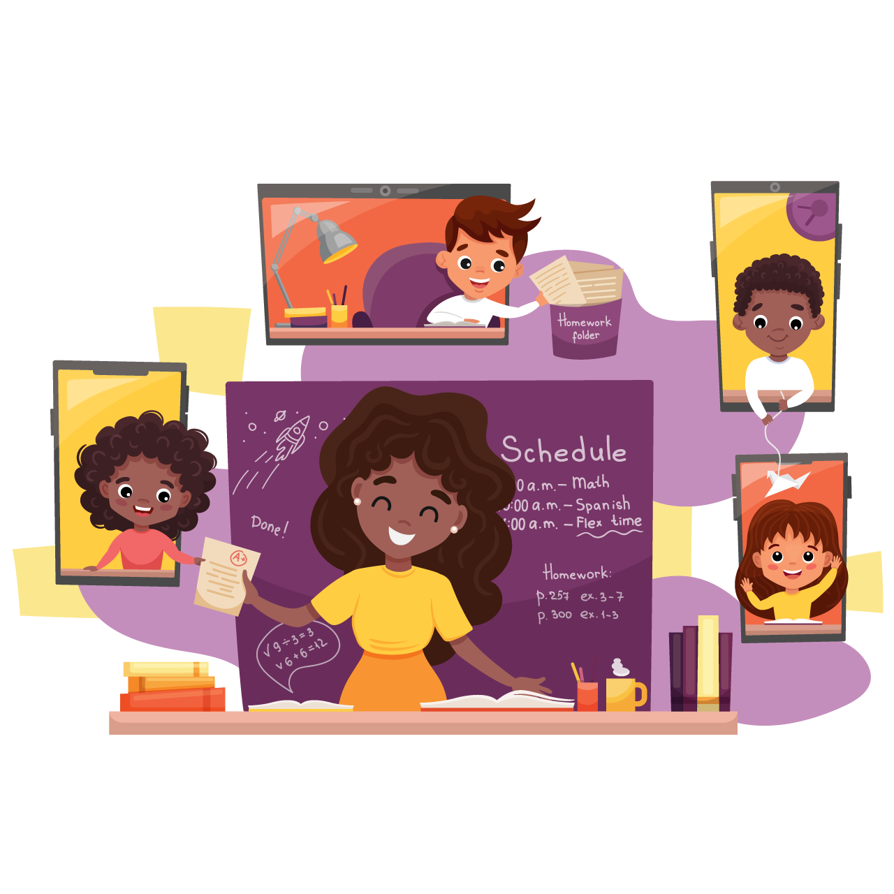 Online learning illustration study home brunette teacher with dark skin teaches children transparent background image