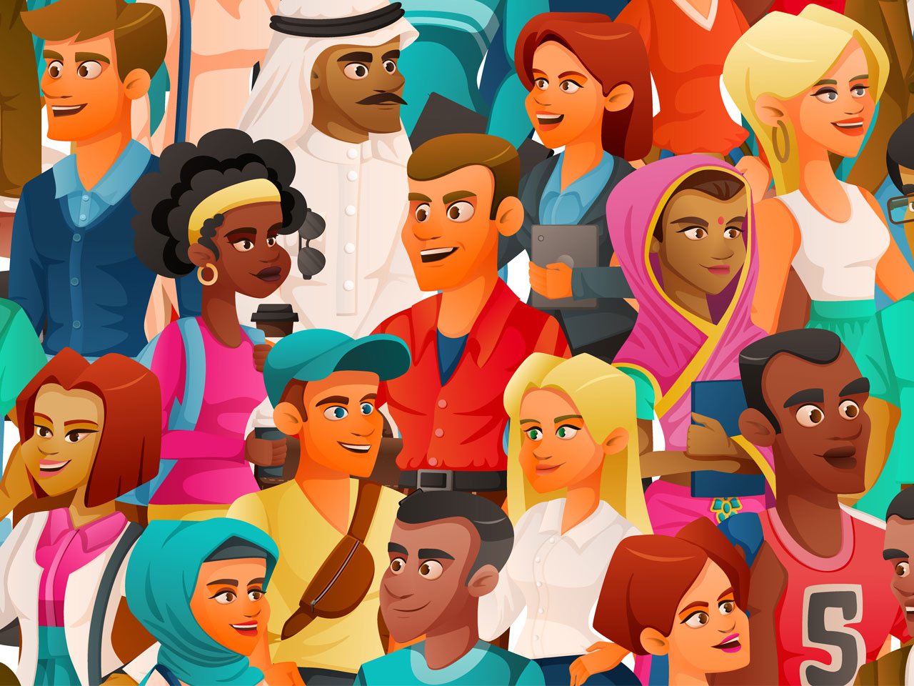 Cartoon characters diversity composition with view crowd with young people colour wearing different outfits