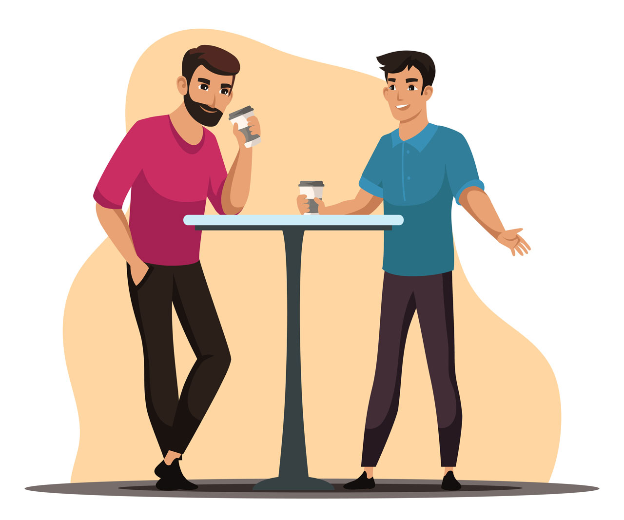 Coffee break concept two men stand table cafe relaxing cafeteria friends colleagues meeting bistro communicate together