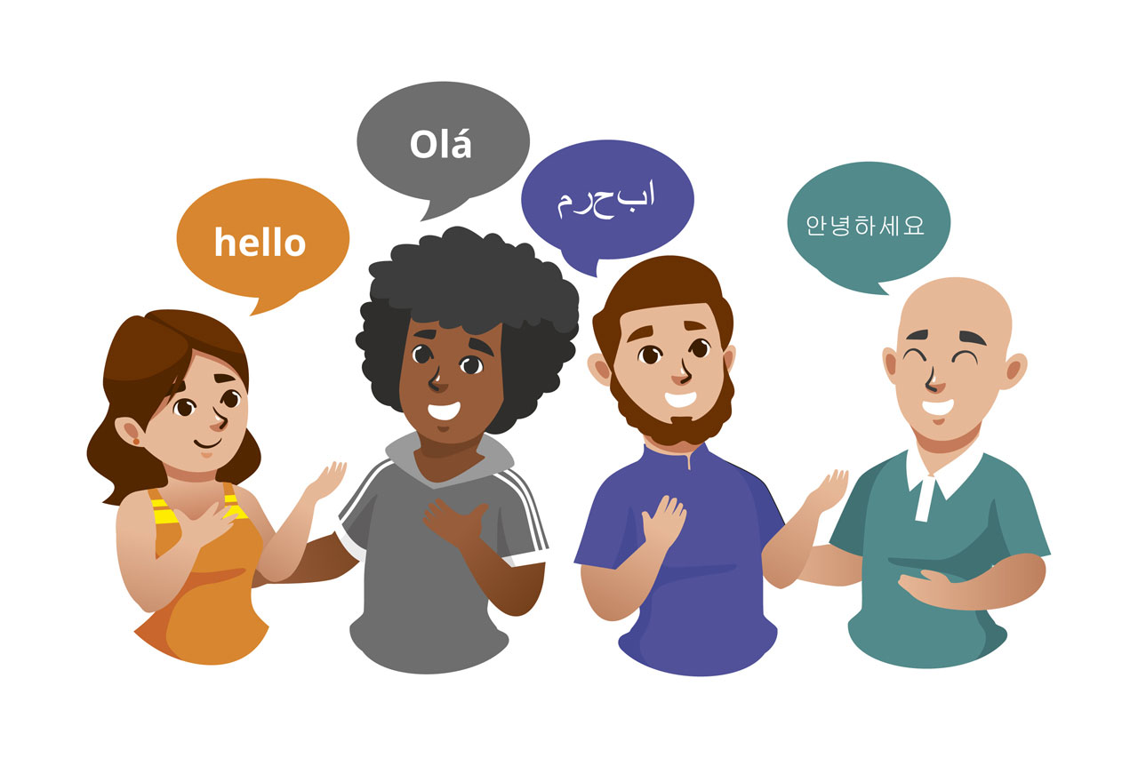 Illustrations young people talking different languages set