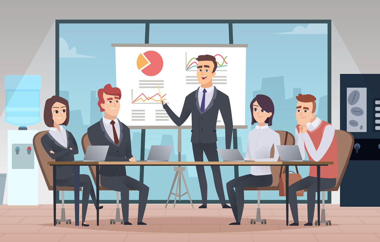 Meeting office interior business conference room with people managers working team cartoon interior
