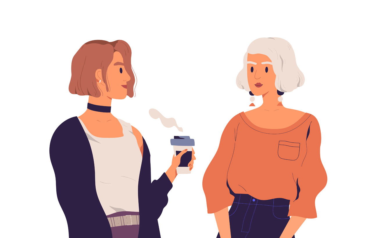 Two young women talking drinking coffee chatting girlfriends isolated communication