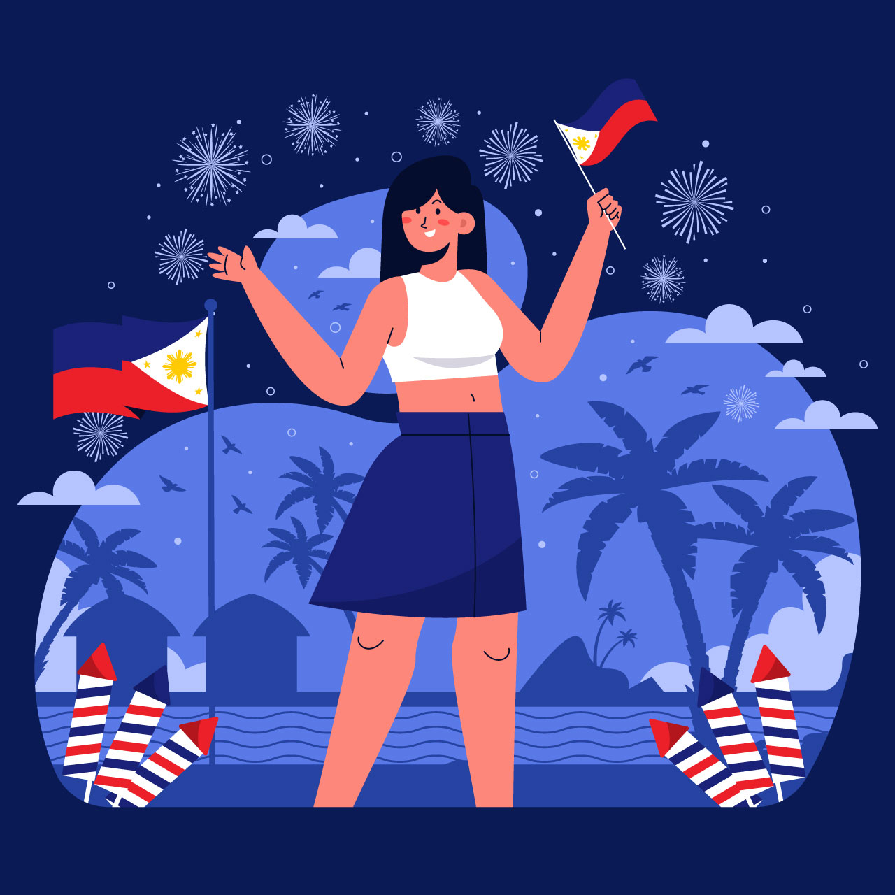 Flat philippine independence day illustration with girl holding flag