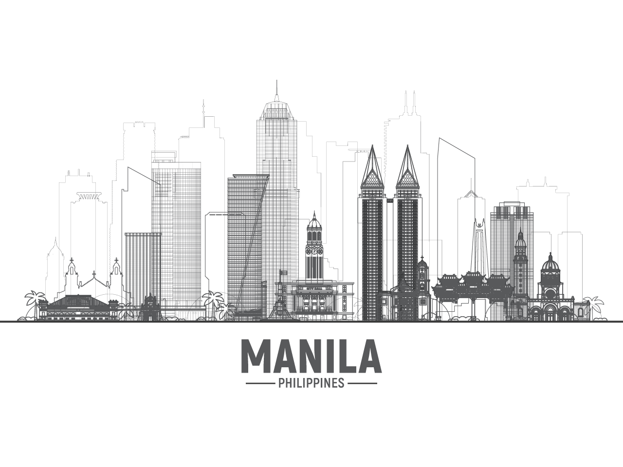 Manila philippines line skyline with panorama business travel tourism concept with modern buildings black and white image