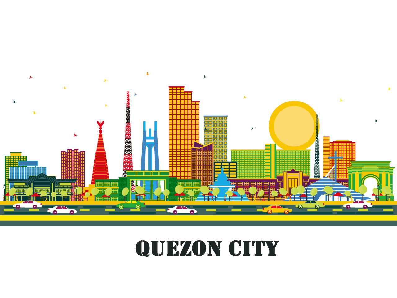 Quezon city philippines city skyline with color buildings travel tourism illustration with modern architecture