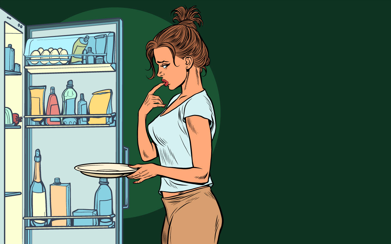 Beautiful woman near open refrigerator with food hand drawing sketch