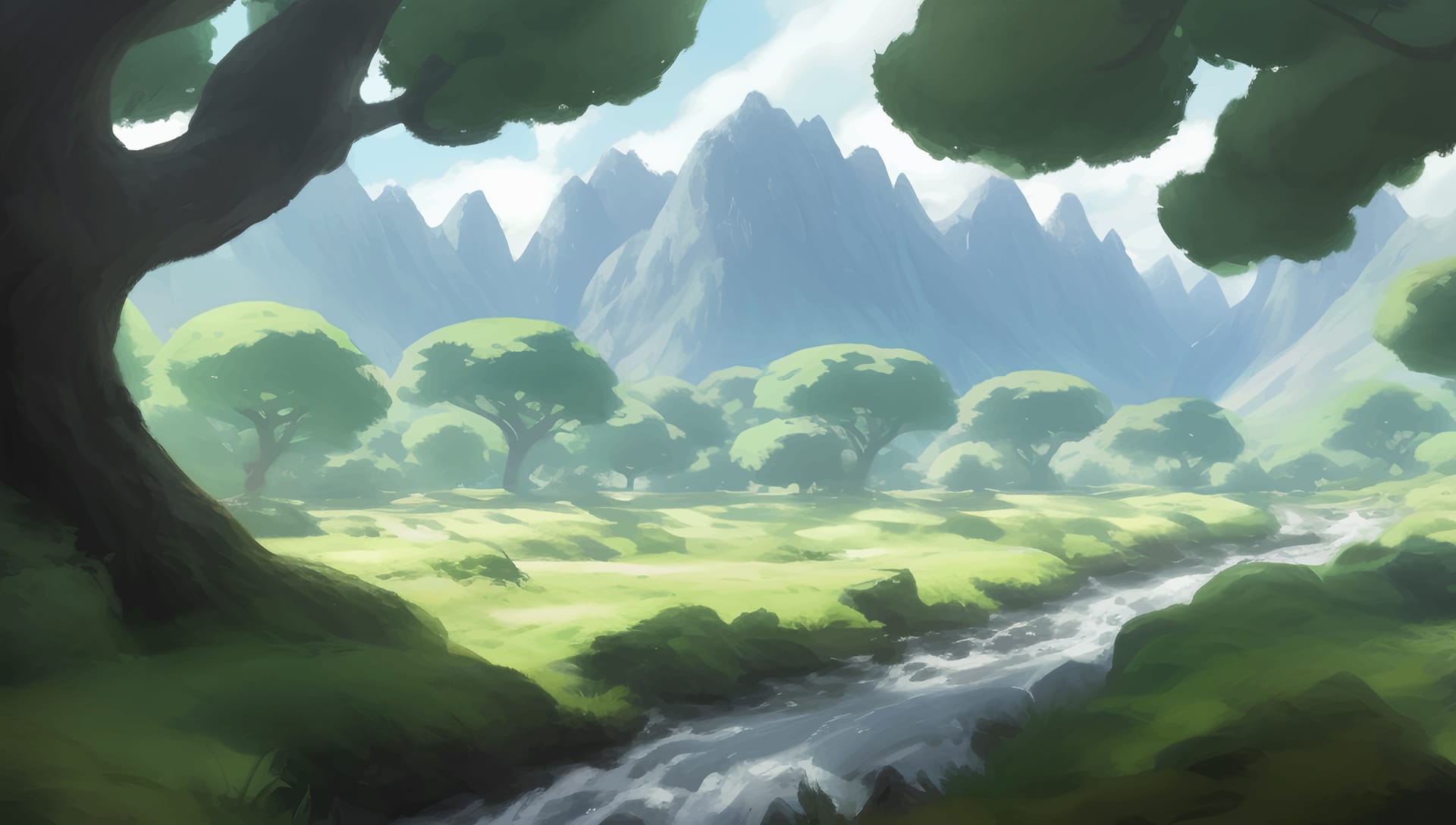 Beautiful green nature mountains river scenery tree silhouette detailed hand