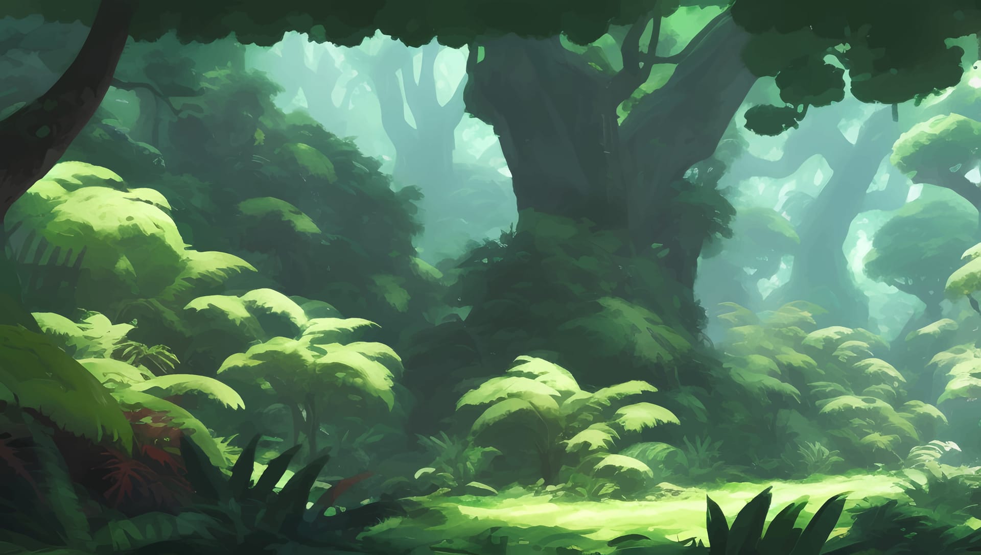 Dense jungle rain forest scenery detailed hand drawn painting illustration