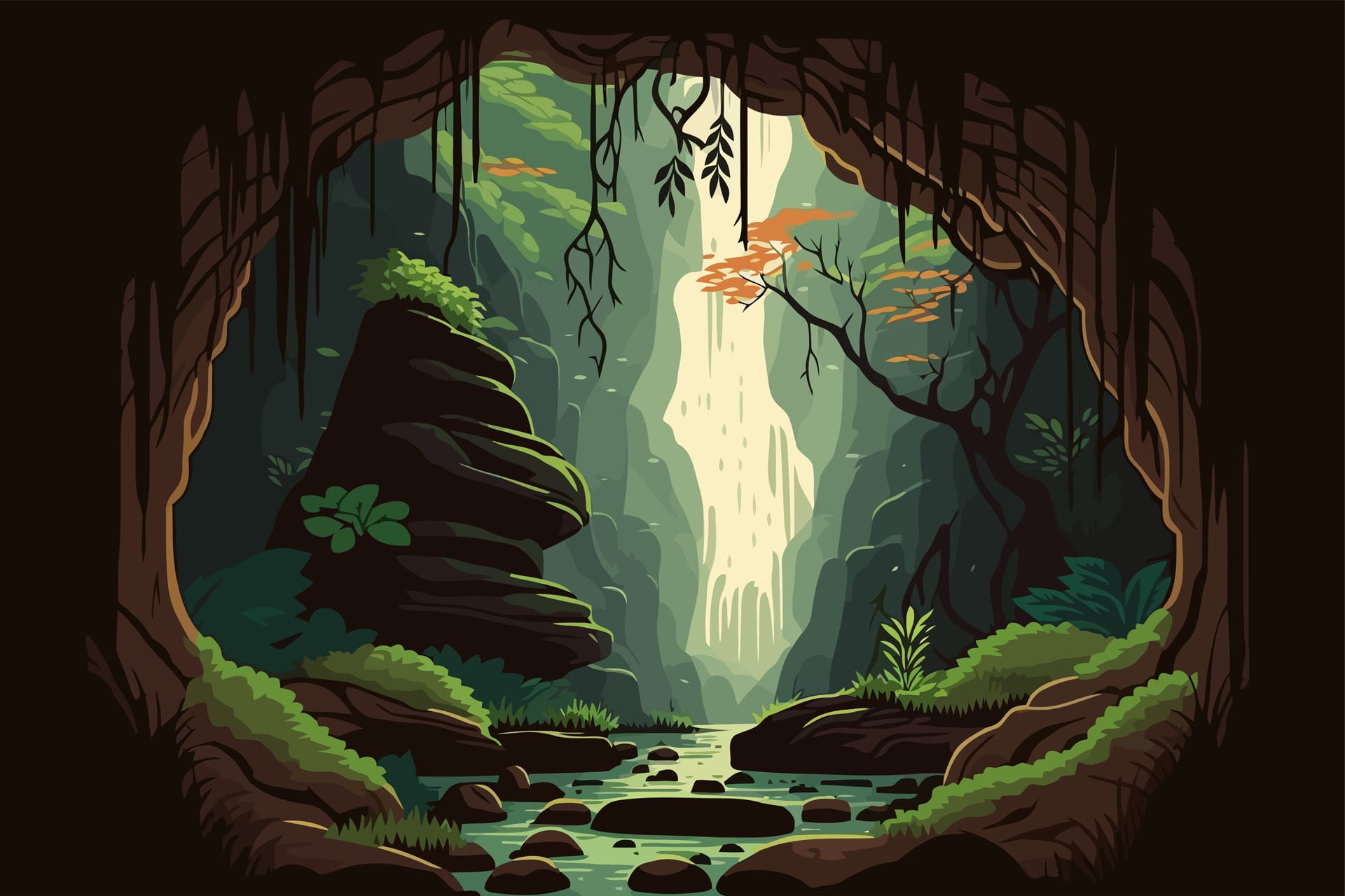 Fantasy forest landscape with stream flowing through rocks illustration