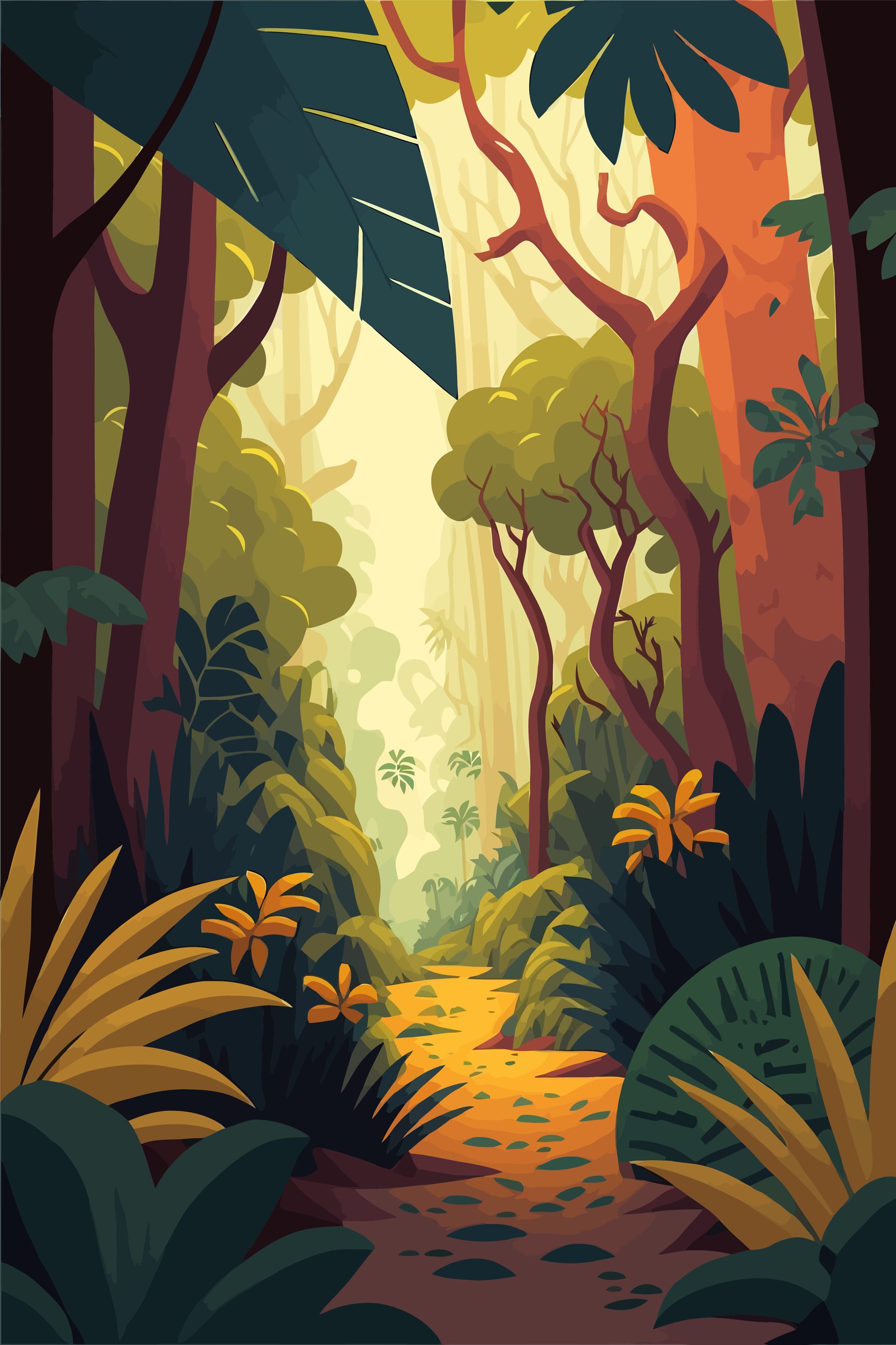 Jungle background flat color cartoon bright jungle morning