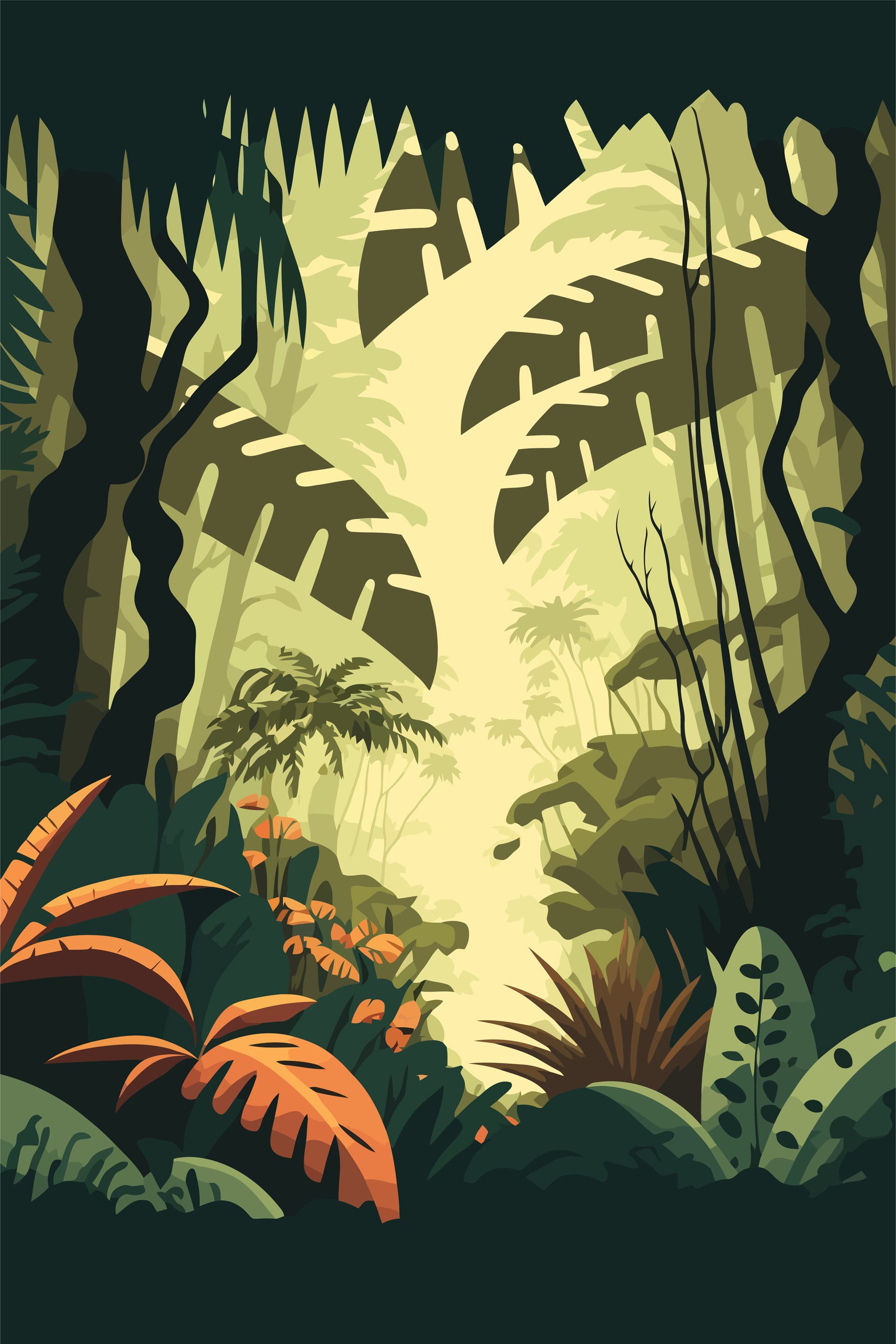 Jungle background flat color cartoon illustration bright jungle morning image