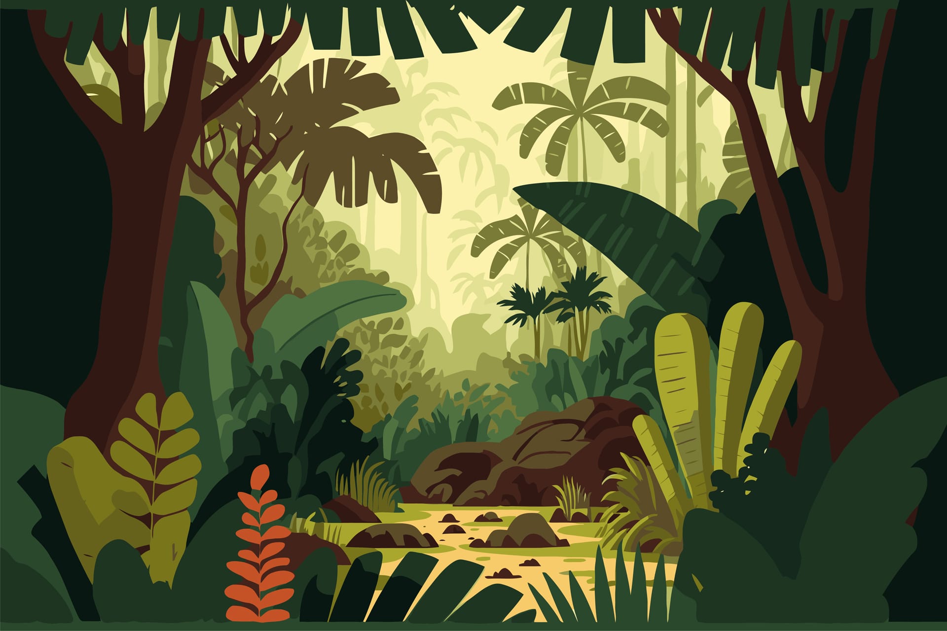 Jungle background flat color cartoon illustration bright jungle morning picture