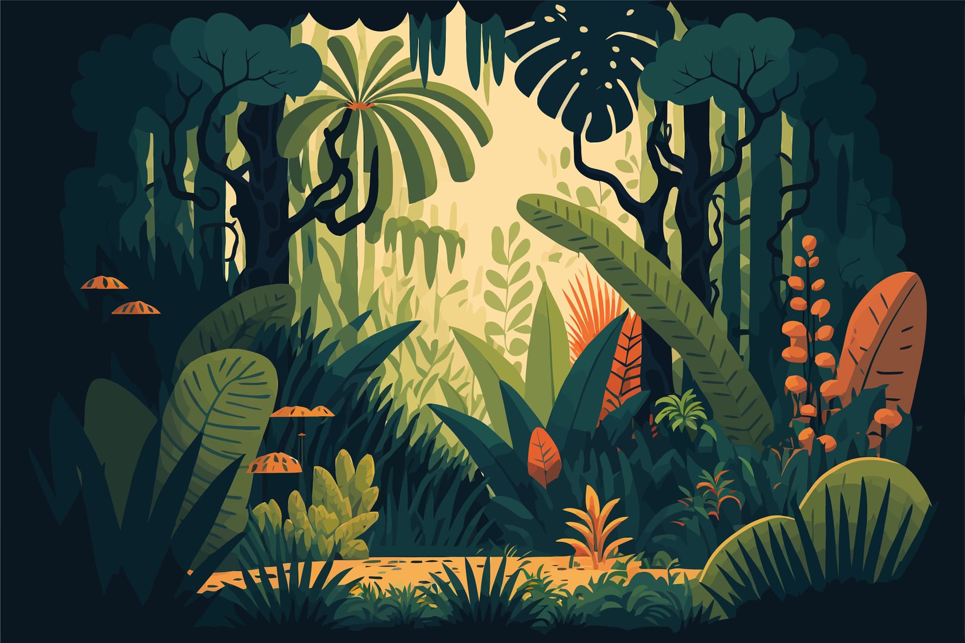 Jungle background flat color cartoon illustration bright jungle morning
