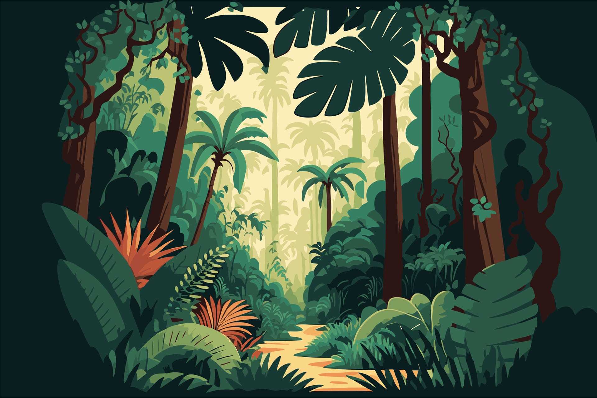 Jungle background flat color cartoon illustration bright jungle