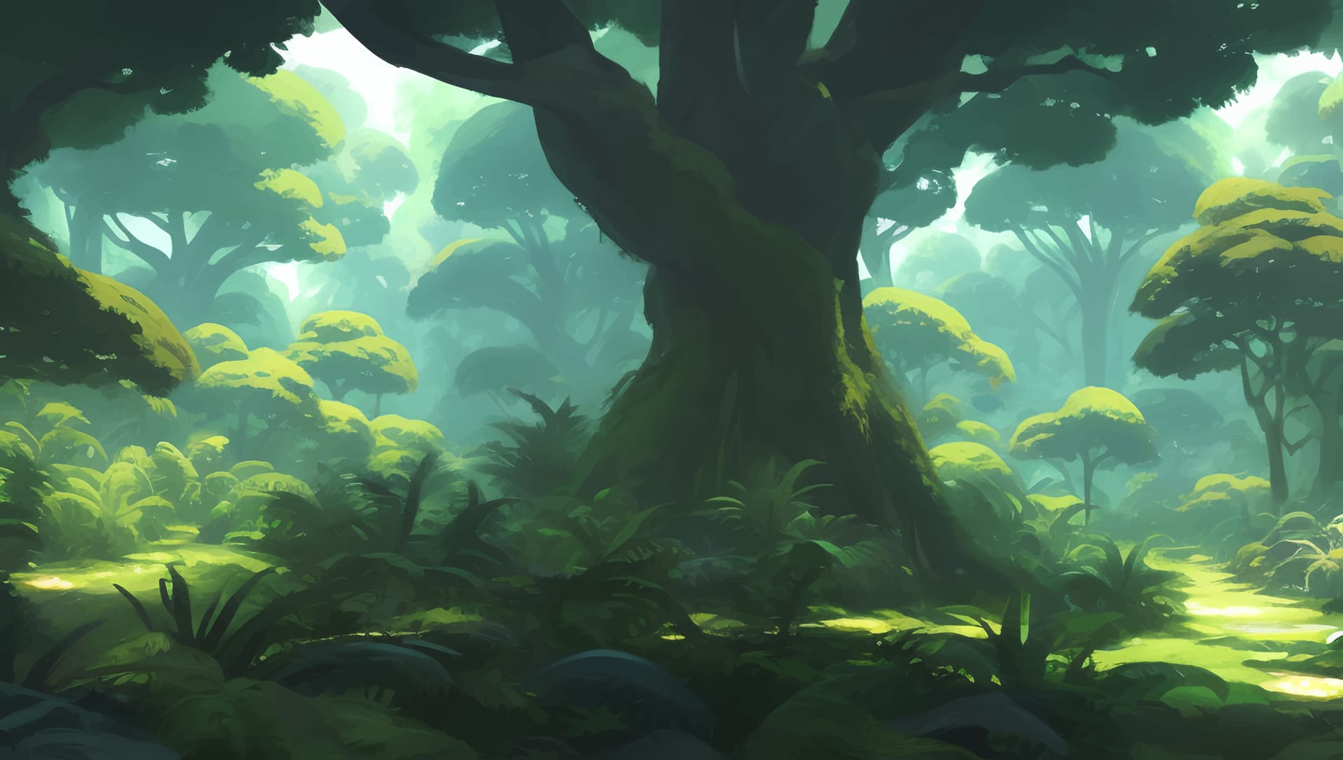 Jungle rain forest scenery detailed hand drawn painting illustration image