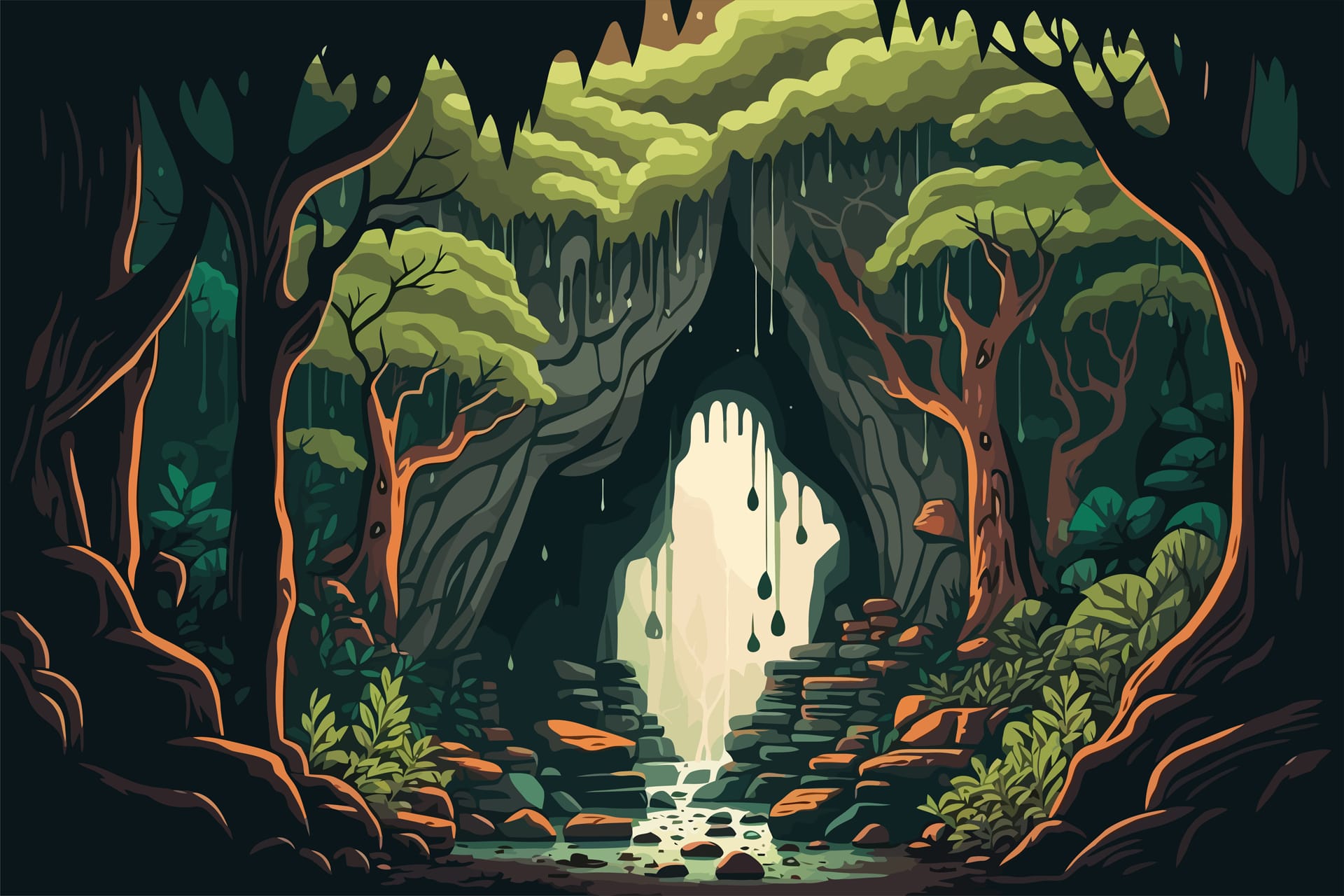 Landscape with waterfall cave cartoon illustration rainforest clip art