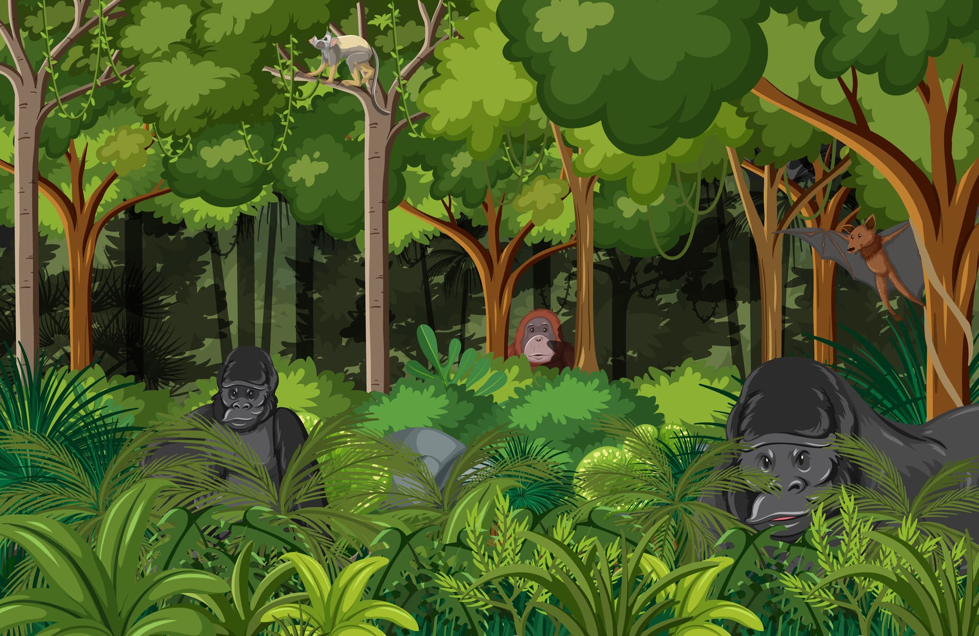 Nature forest landscape background with gorillas