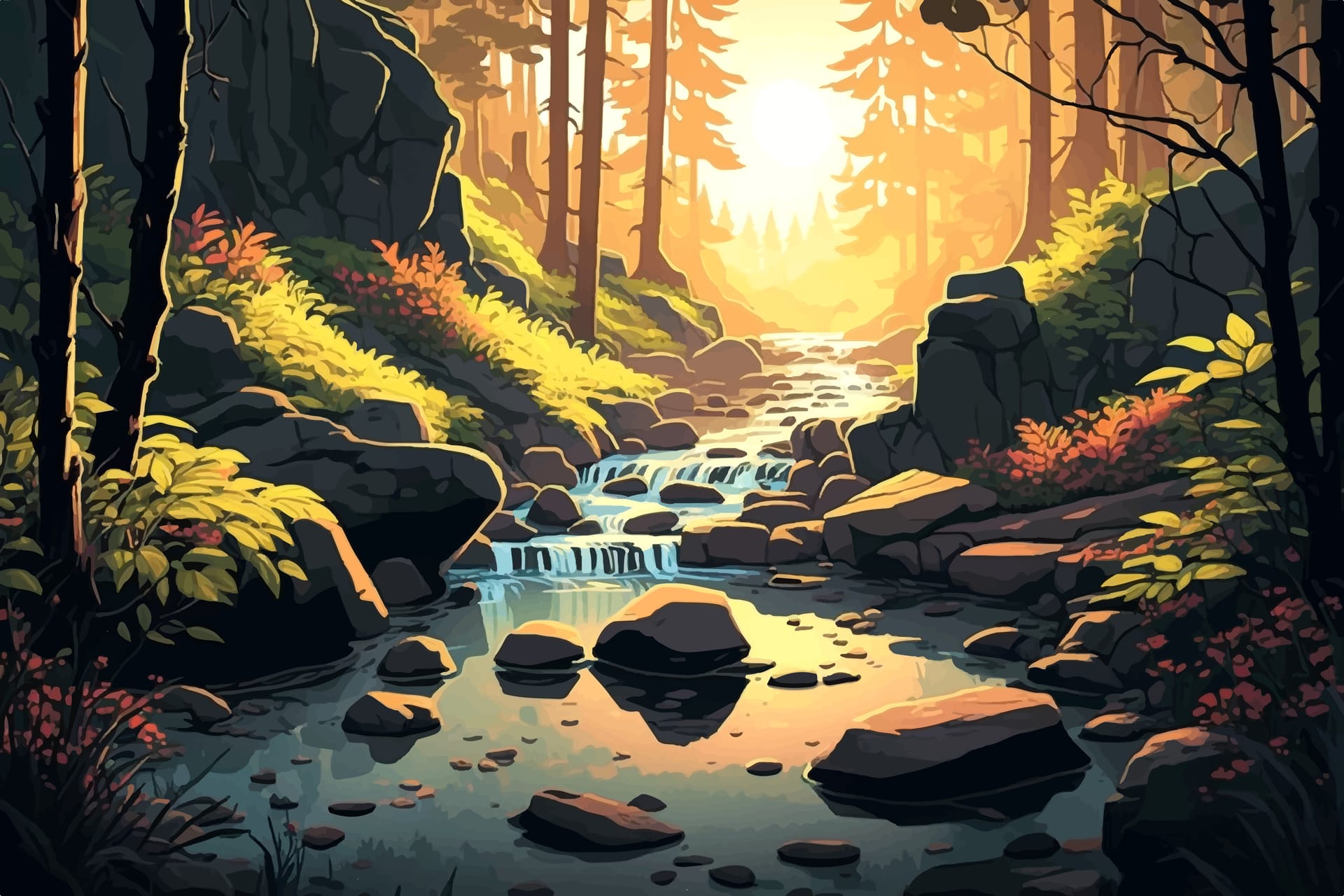Sunrise forest with river flow cartoon landscape illustration
