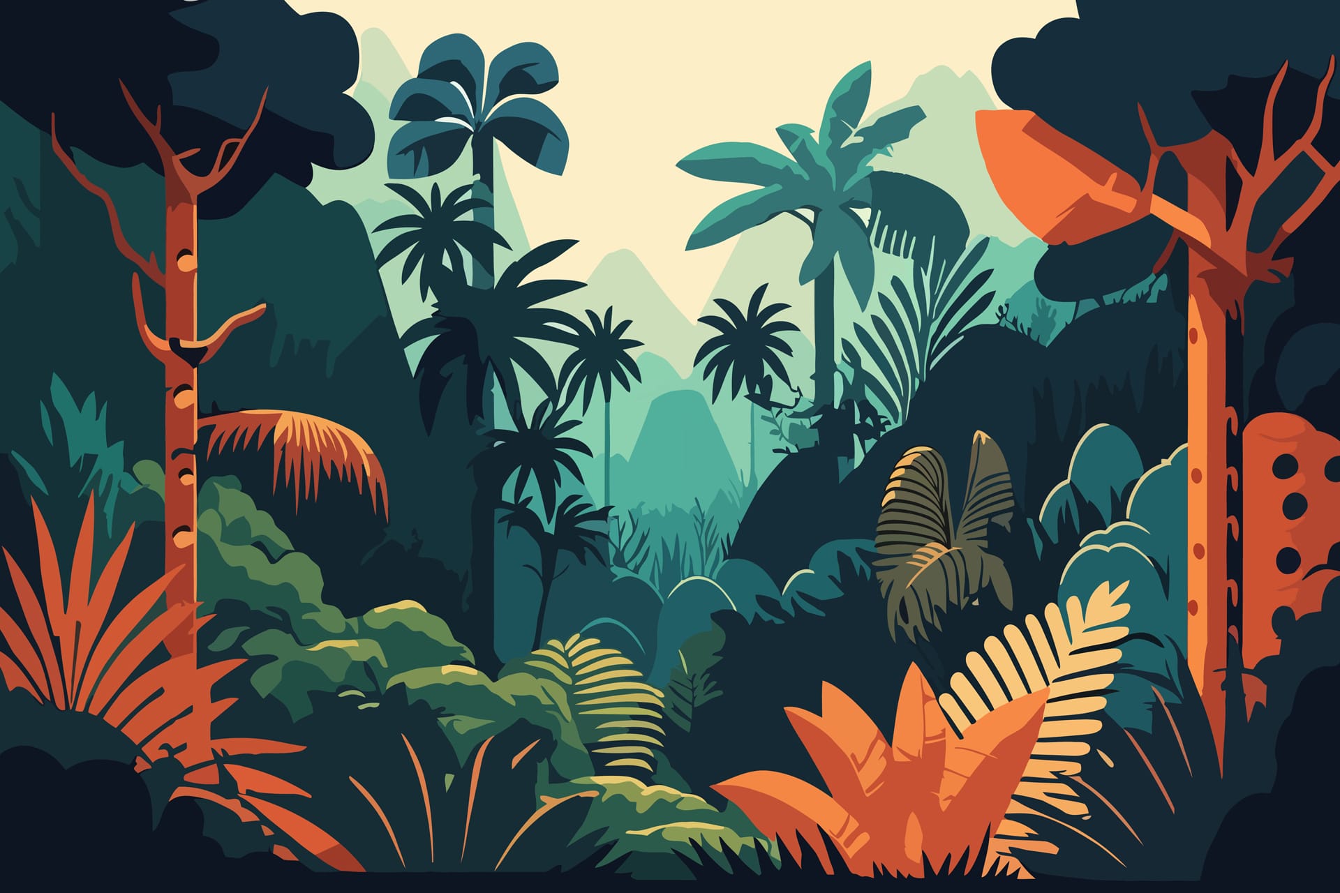 Tropical jungle landscape illustration flat cartoon style