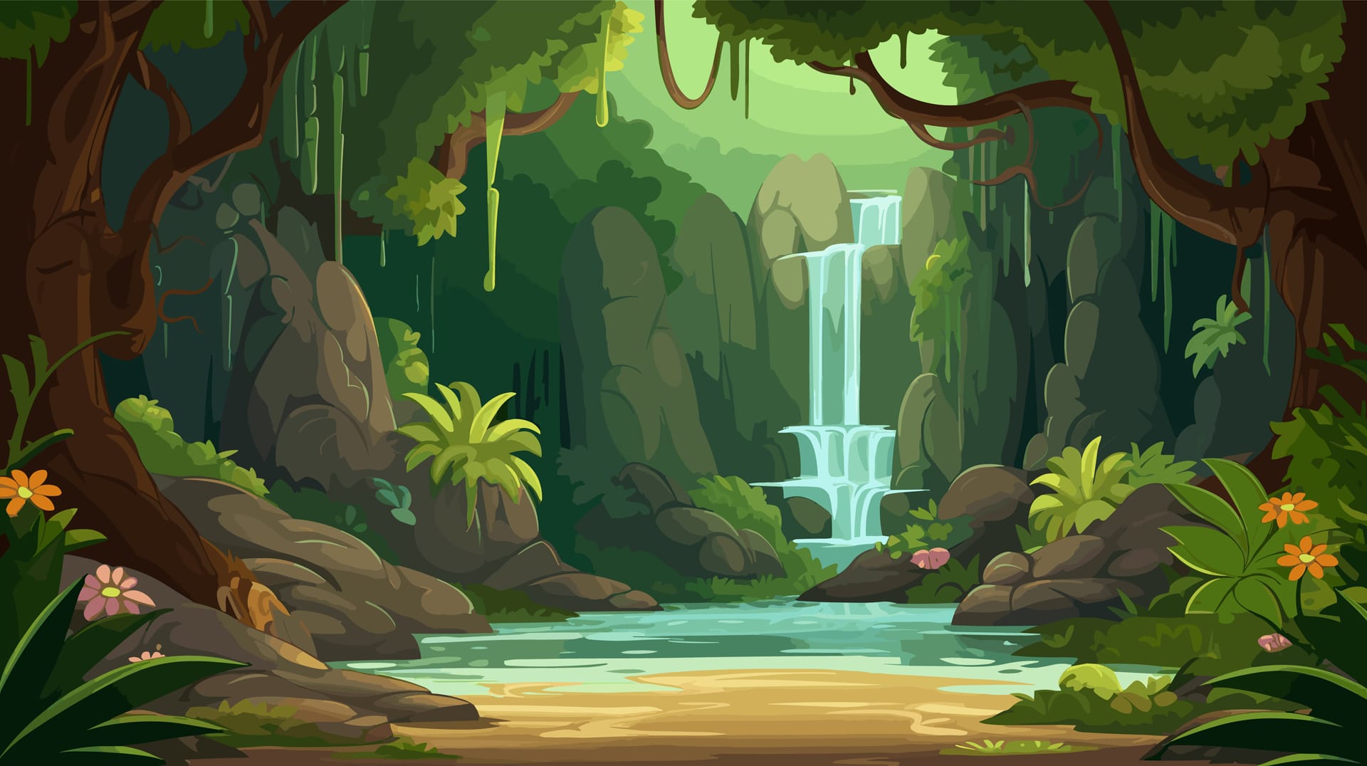 Tropical jungle with waterfall green forest background