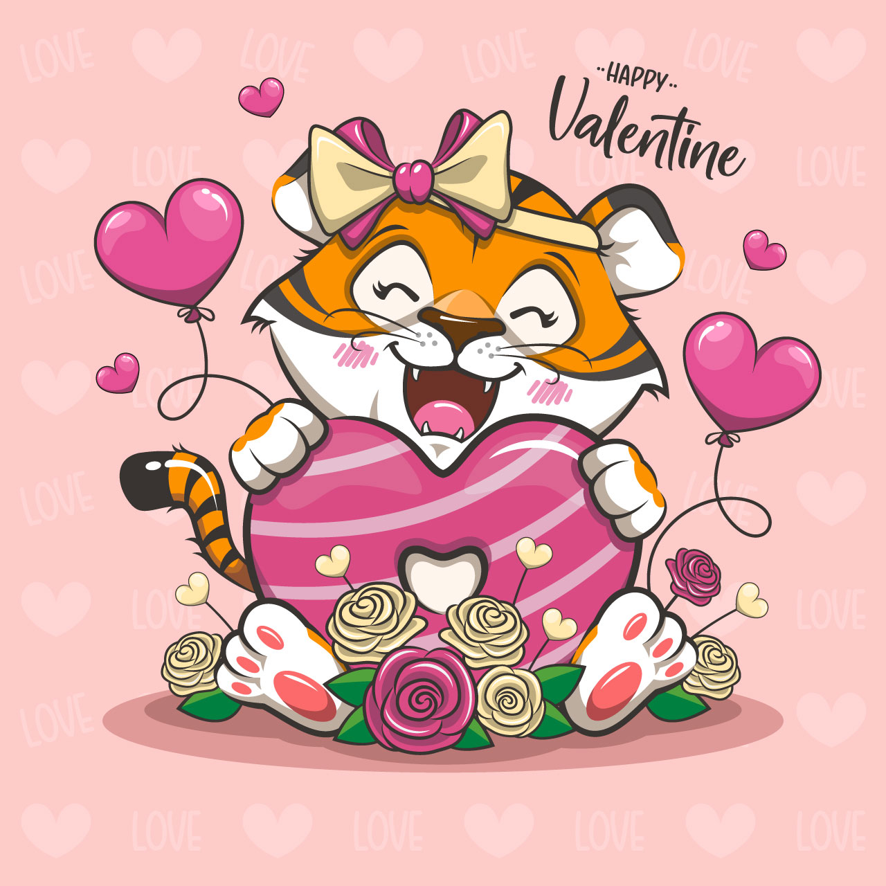 Cute tiger with love heart balloons animal valentine cartoon illustration