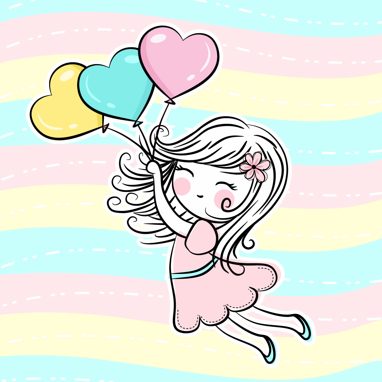 Girl flying with heart balloons cartoon illustration image hand drawing sketch