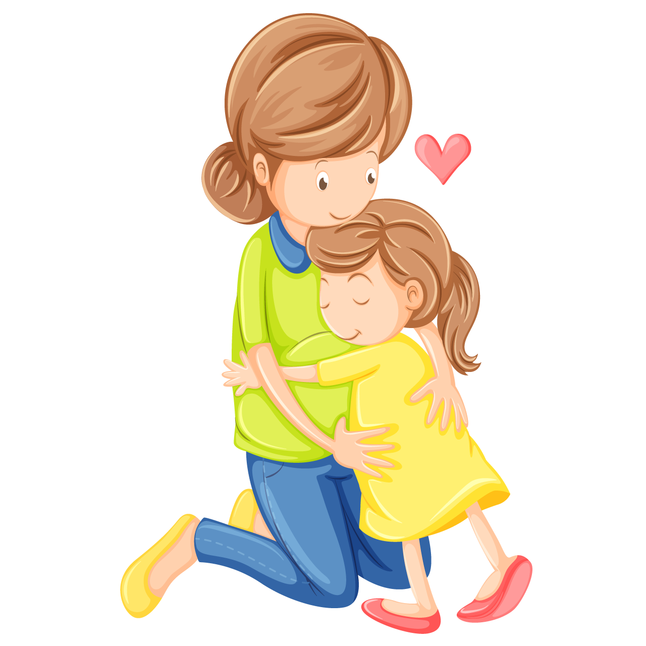 Red heart clipart child hugging her mother cartoon illustration image hand drawing sketch