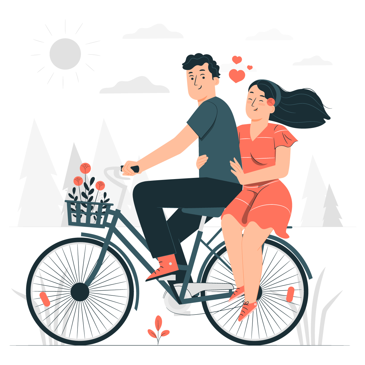 Red heart clipart couple bicycle concept cartoon illustration image