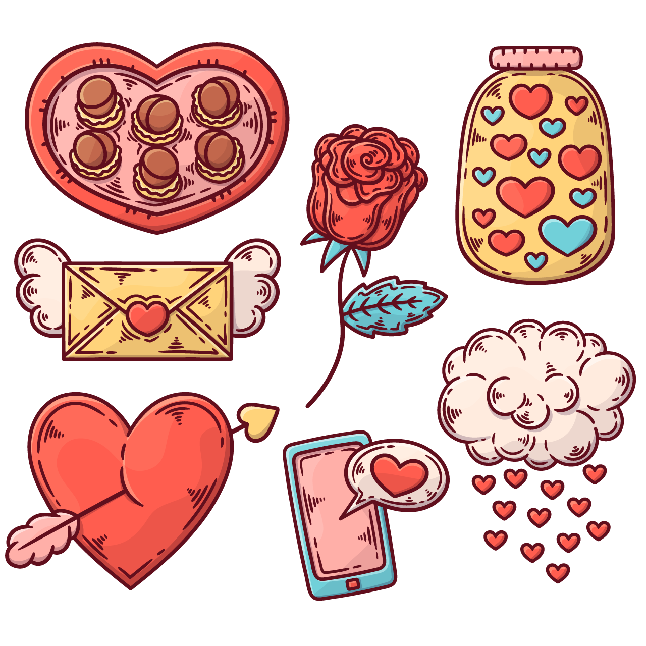 Red heart clipart hand drawn valentines day elements set
