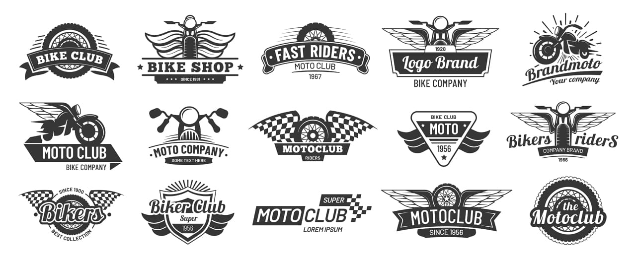Biker club emblems retro motorcycle rider badges moto sports emblem motorbike silhouette badge set