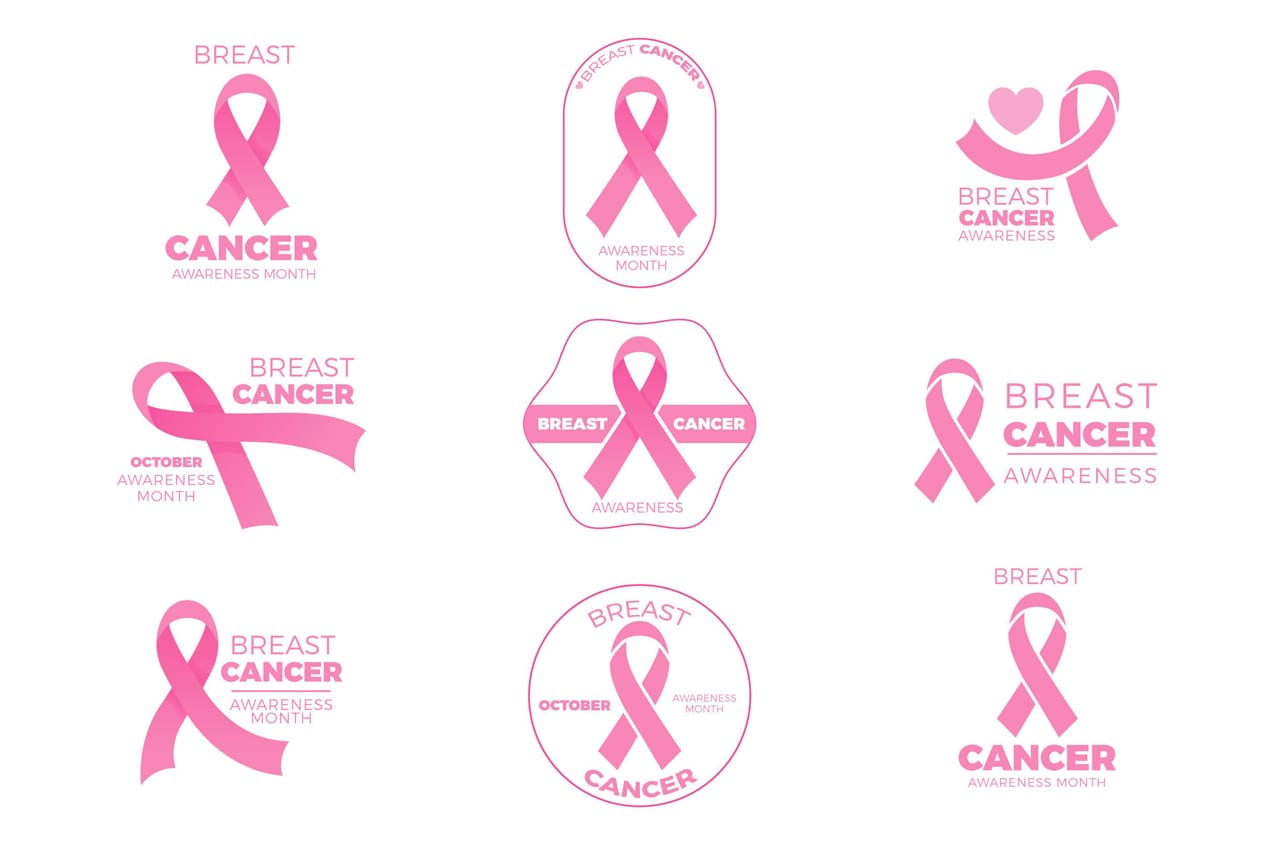 Breast cancer awareness month badges collection hand drawing sketch cartoon image